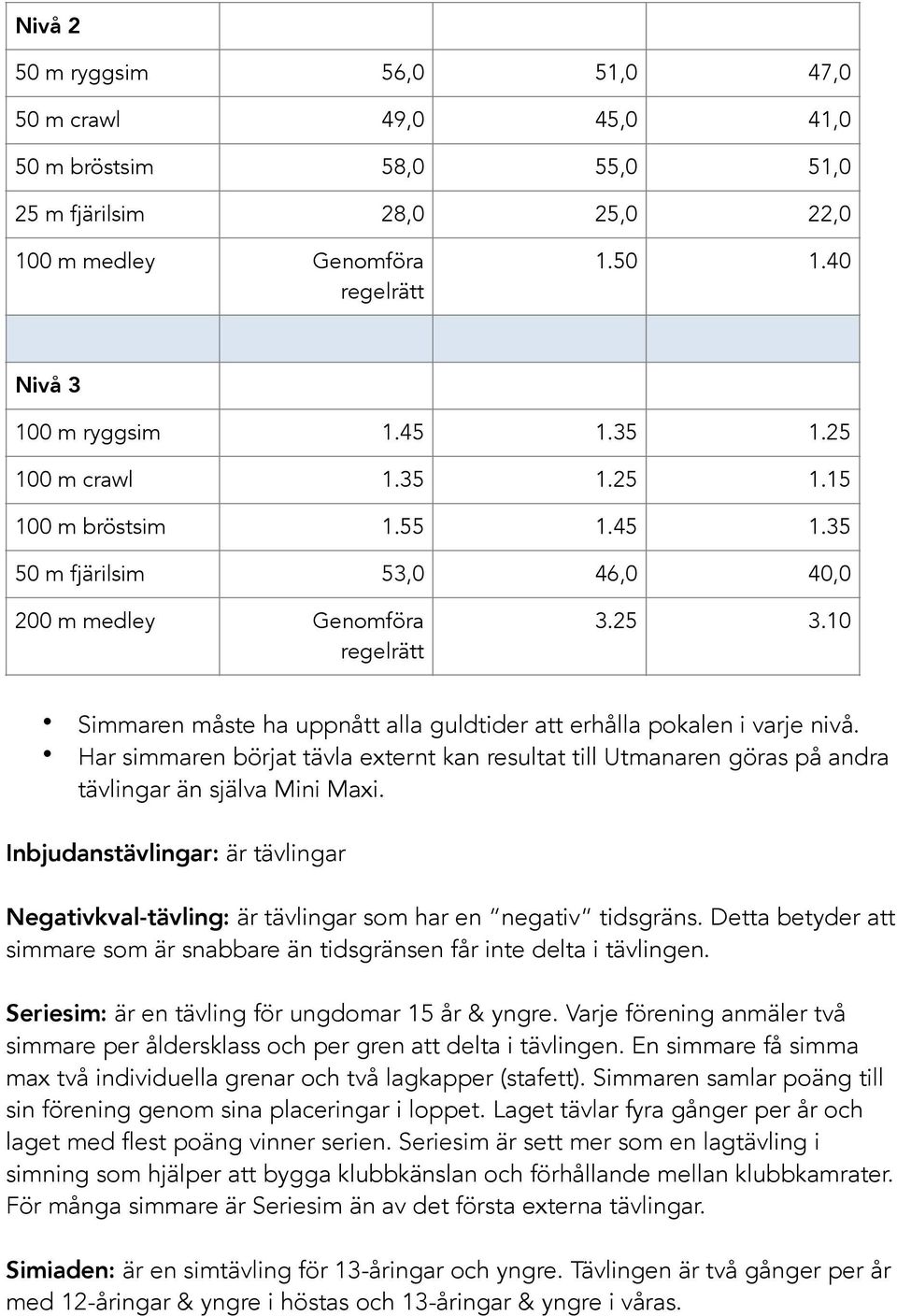 10 Simmaren måste ha uppnått alla guldtider att erhålla pokalen i varje nivå. Har simmaren börjat tävla externt kan resultat till Utmanaren göras på andra tävlingar än själva Mini Maxi.