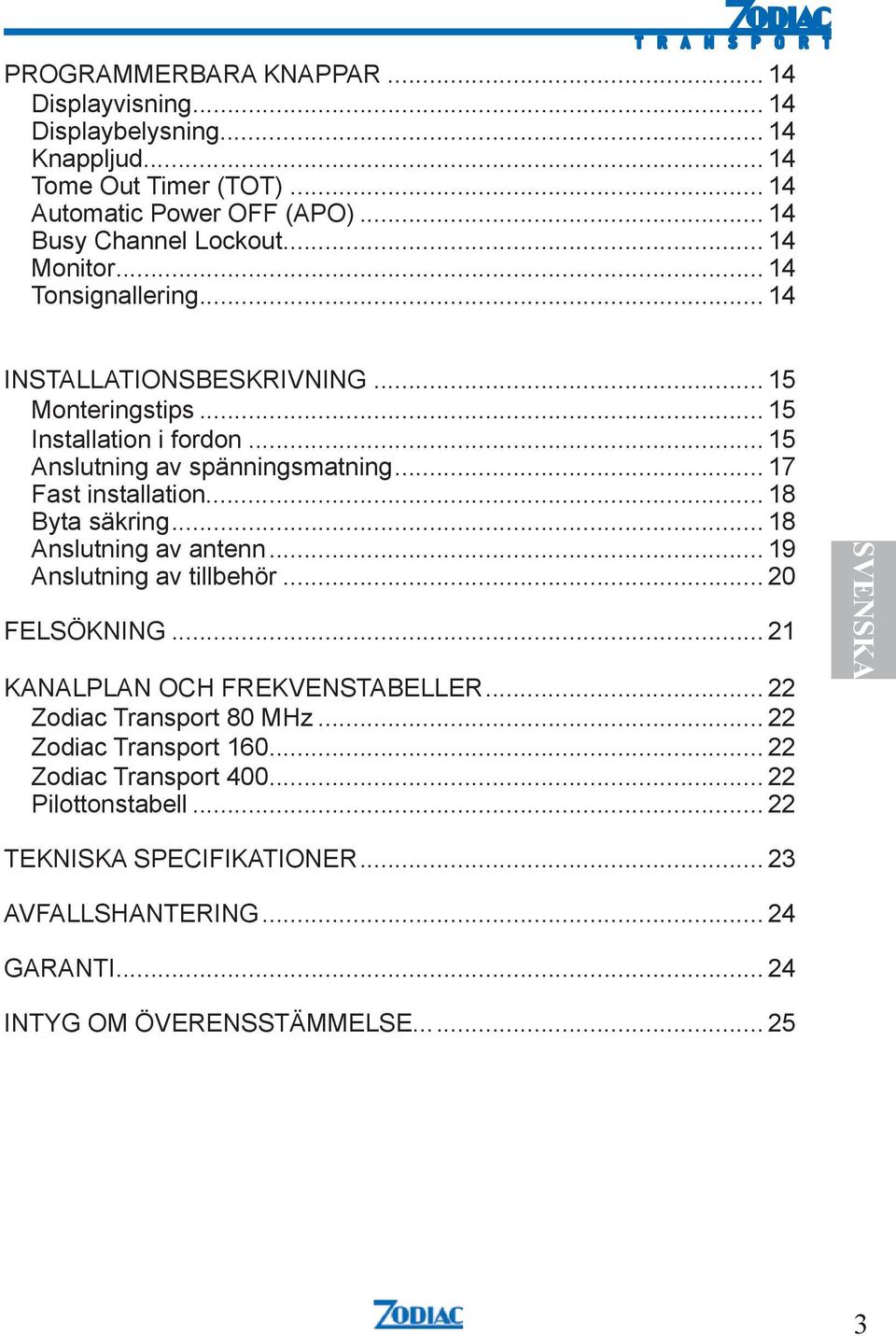 .. 18 Byta säkring... 18 Anslutning av antenn... 19 Anslutning av tillbehör... 20 FELSÖKNING... 21 KANALPLAN OCH FREKVENSTABELLER... 22 Zodiac Transport 80 MHz.