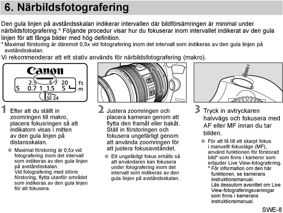 * Maximal förstoring är däremot 0,5x vid fotografering inom det intervall som indikeras av den gula linjen på avståndsskalan. Vi rekommenderar att ett stativ används för närbildsfotografering (makro).