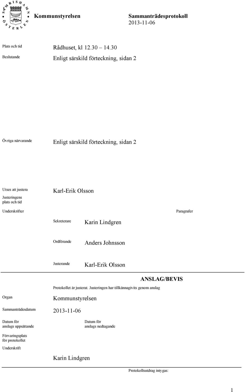 och tid Karl-Erik Olsson Underskrifter Paragrafer Sekreterare Karin Lindgren Ordförande Anders Johnsson Justerande Karl-Erik Olsson