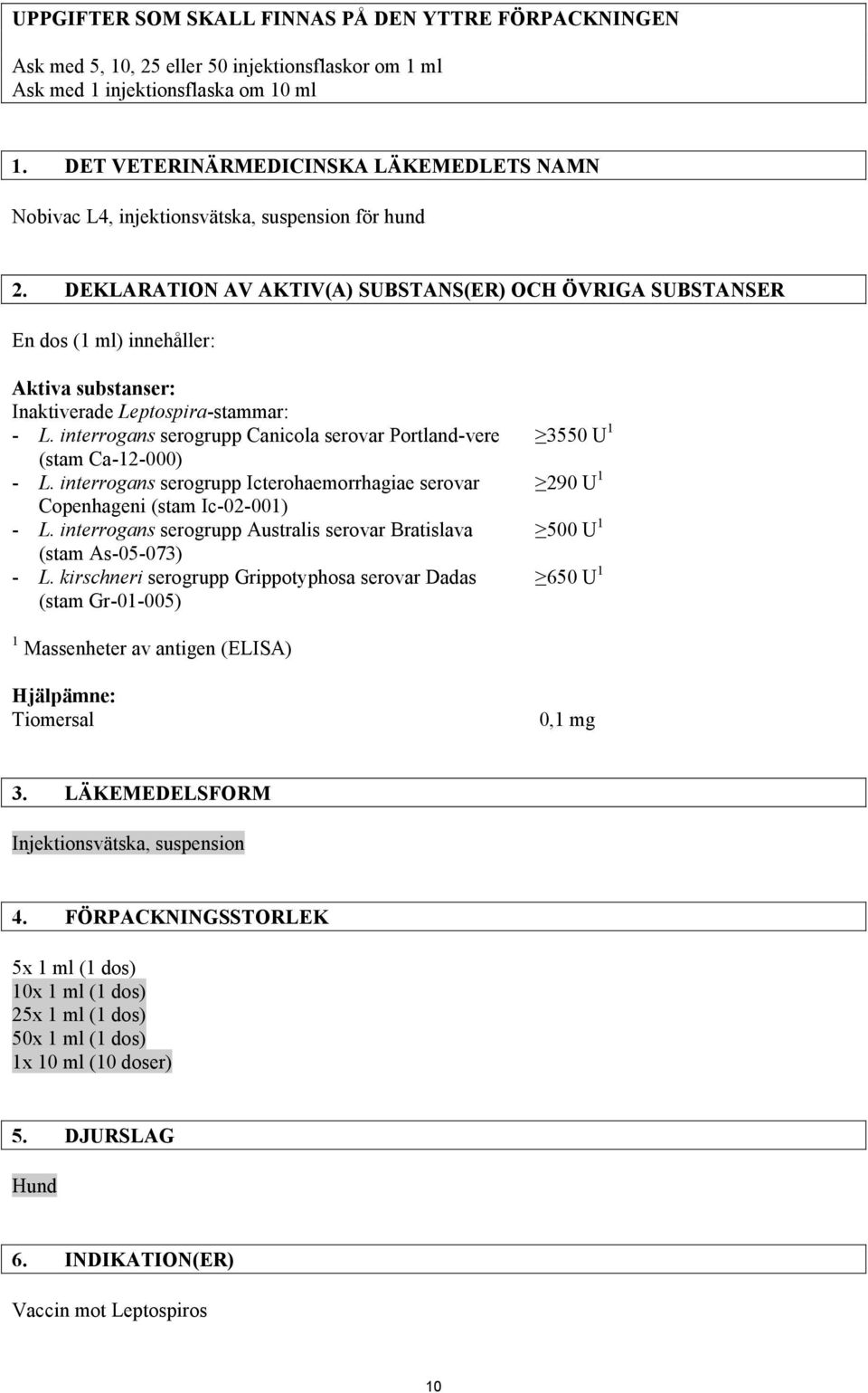 DEKLARATION AV AKTIV(A) SUBSTANS(ER) OCH ÖVRIGA SUBSTANSER En dos (1 ml) innehåller: Aktiva substanser: Inaktiverade Leptospira-stammar: - L.