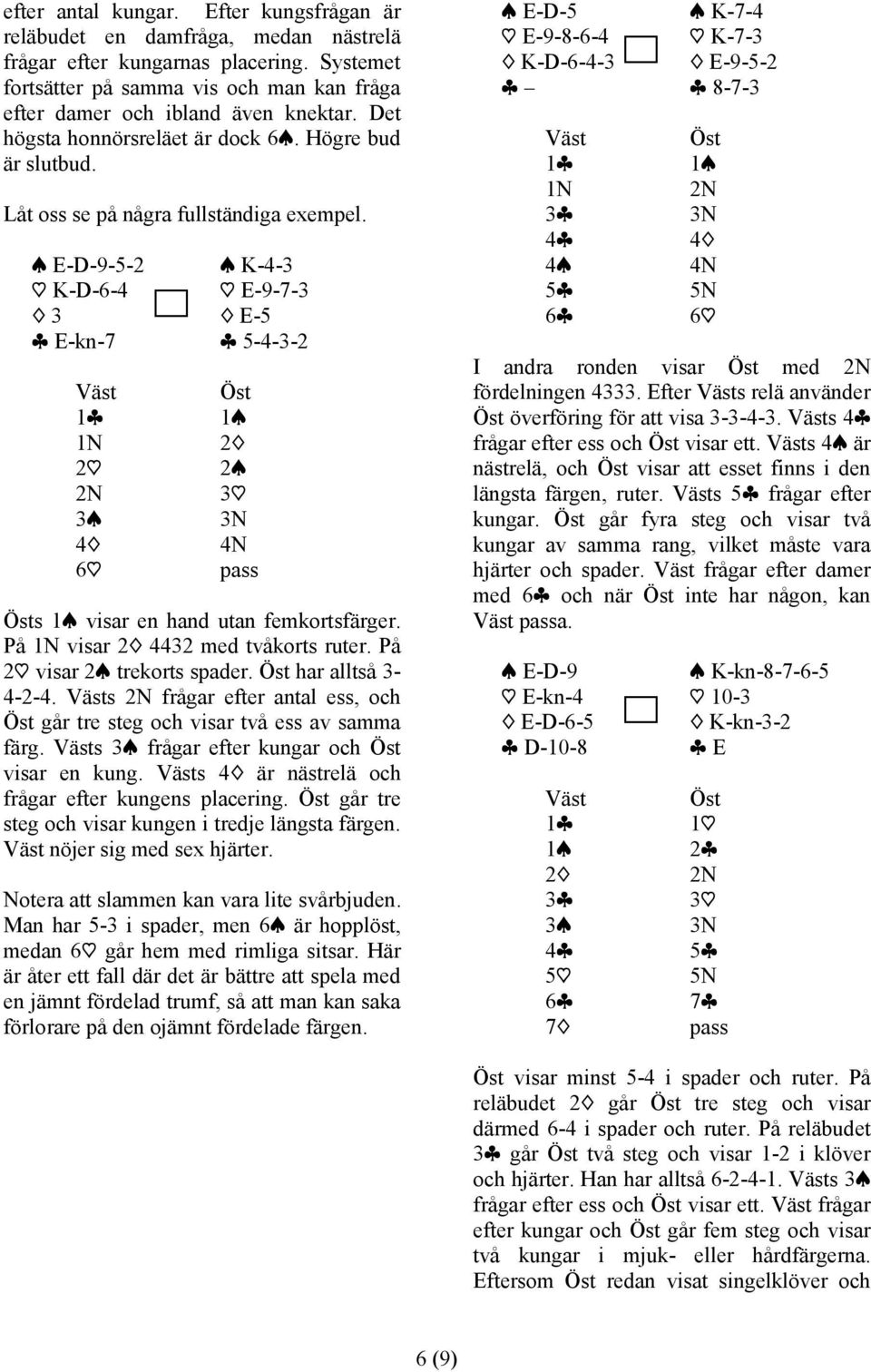 -5-2 s K-4-3 h K-D-6-4 h E-9-7-3 d 3 d E-5 c E-kn-7 c 5-4-3-2 6h 3N s visar en hand utan femkortsfärger. På visar 4432 med tvåkorts ruter. På visar trekorts spader. har alltså 3-4-2-4.