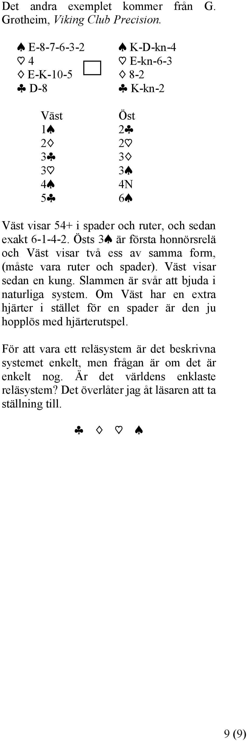 s är första honnörsrelä och visar två ess av samma form, (måste vara ruter och spader). visar sedan en kung. Slammen är svår att bjuda i naturliga system.