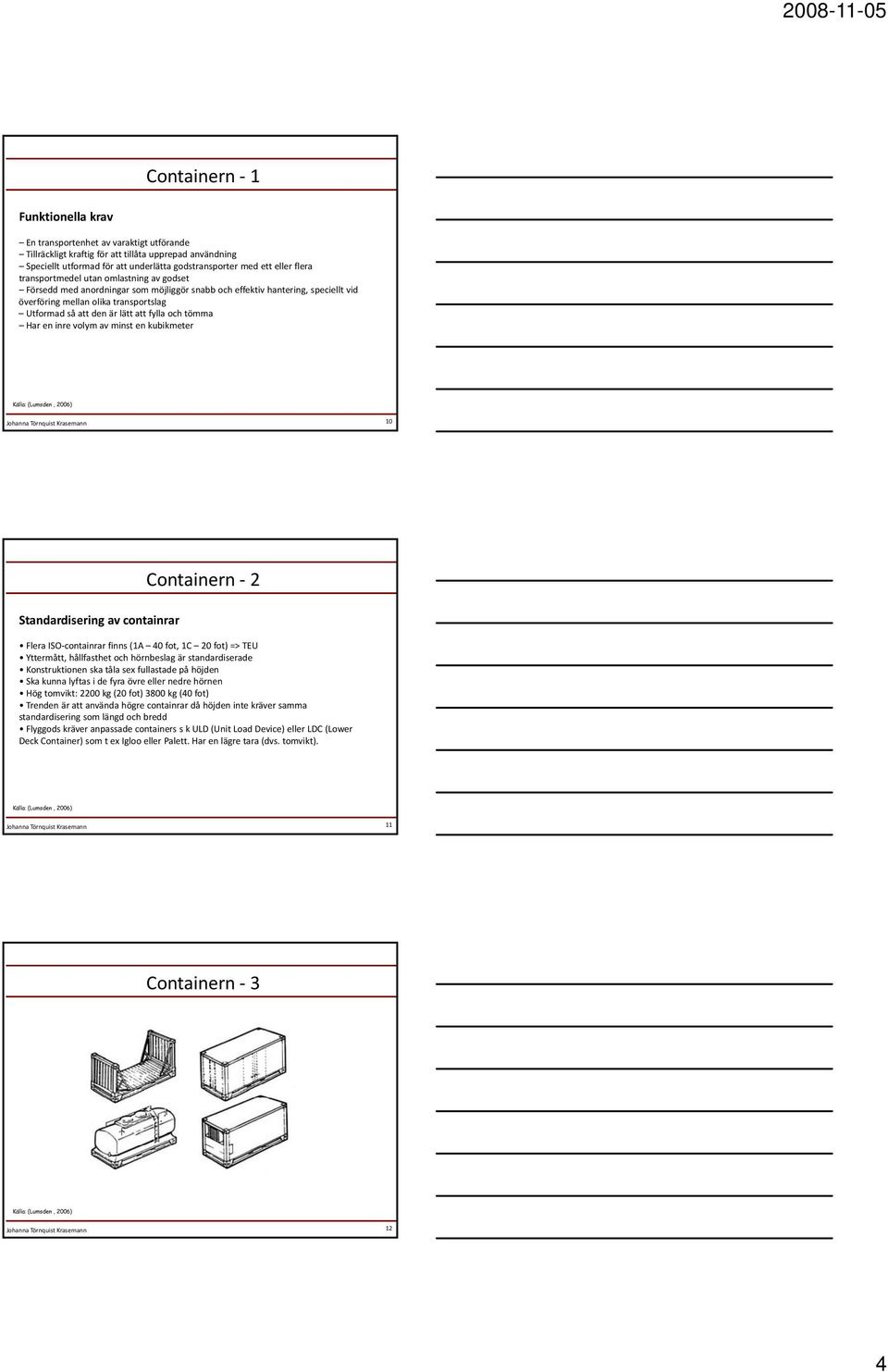 fylla och tömma Har en inre volym av minst en kubikmeter 10 Containern 2 Standardisering av containrar Flera ISO containrar finns (1A 40 fot, 1C 20 fot) => TEU Yttermått, hållfasthet och hörnbeslag