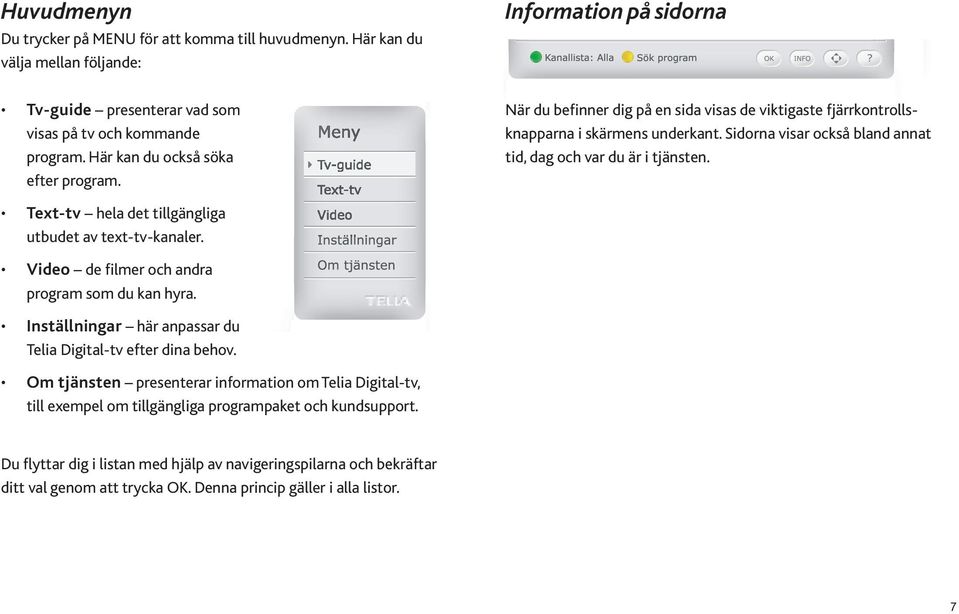 Text-tv hela det tillgängliga utbudet av text-tv-kanaler. Video de filmer och andra program som du kan hyra. Inställningar här anpassar du Telia Digital-tv efter dina behov.