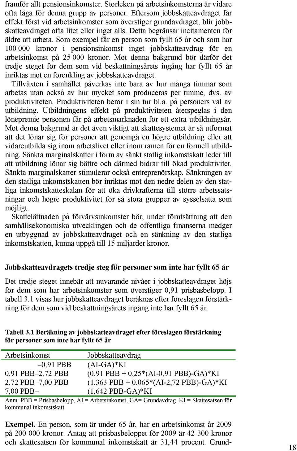 Som exempel får en person som fyllt 65 år och som har 100 000 kronor i pensionsinkomst inget jobbskatteavdrag för en arbetsinkomst på 25 000 kronor.