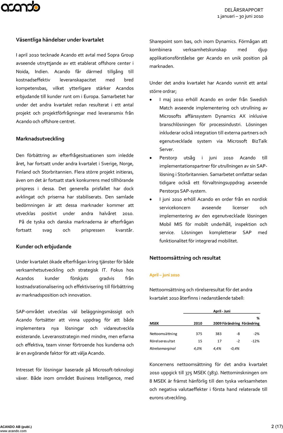 Samarbetet har under det andra kvartalet redan resulterat i ett antal projekt och projektförfrågningar med leveransmix från Acando och offshore centret.
