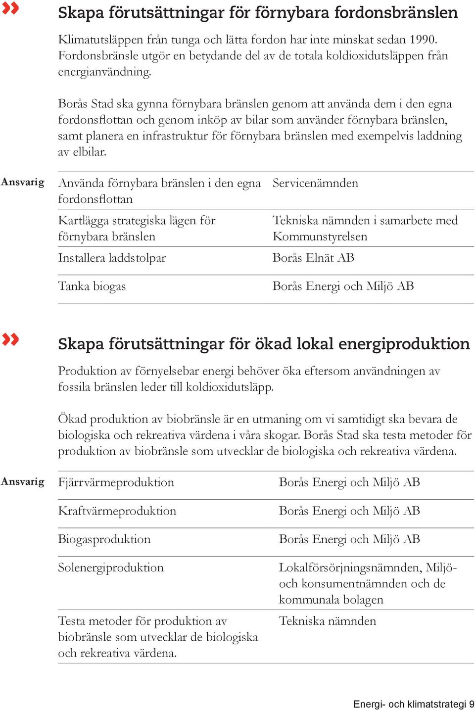 Borås Stad ska gynna förnybara bränslen genom att använda dem i den egna fordonsflottan och genom inköp av bilar som använder förnybara bränslen, samt planera en infrastruktur för förnybara bränslen