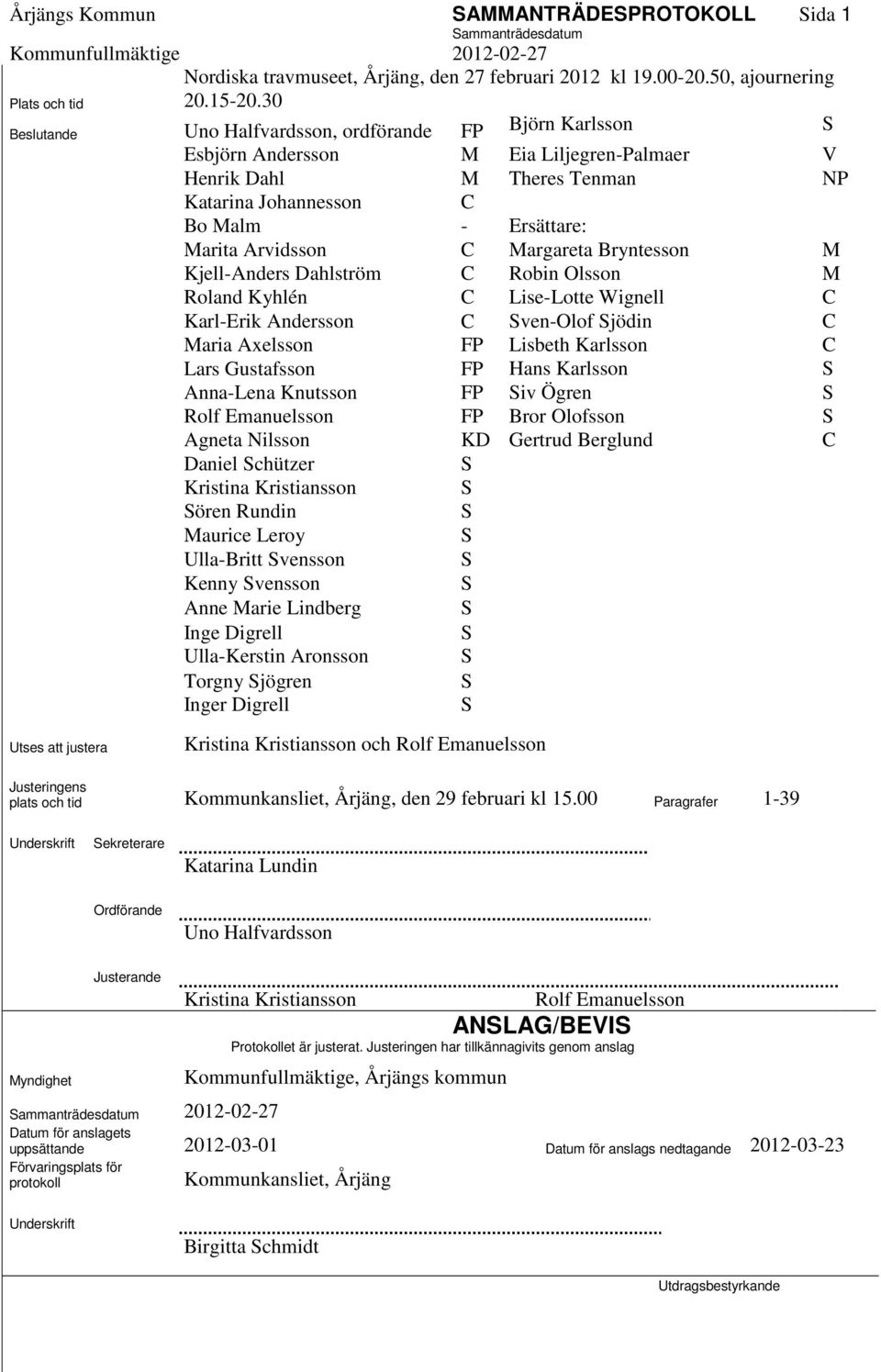 C Margareta Bryntesson M Kjell-Anders Dahlström C Robin Olsson M Roland Kyhlén C Lise-Lotte Wignell C Karl-Erik Andersson C Sven-Olof Sjödin C Maria Axelsson FP Lisbeth Karlsson C Lars Gustafsson FP