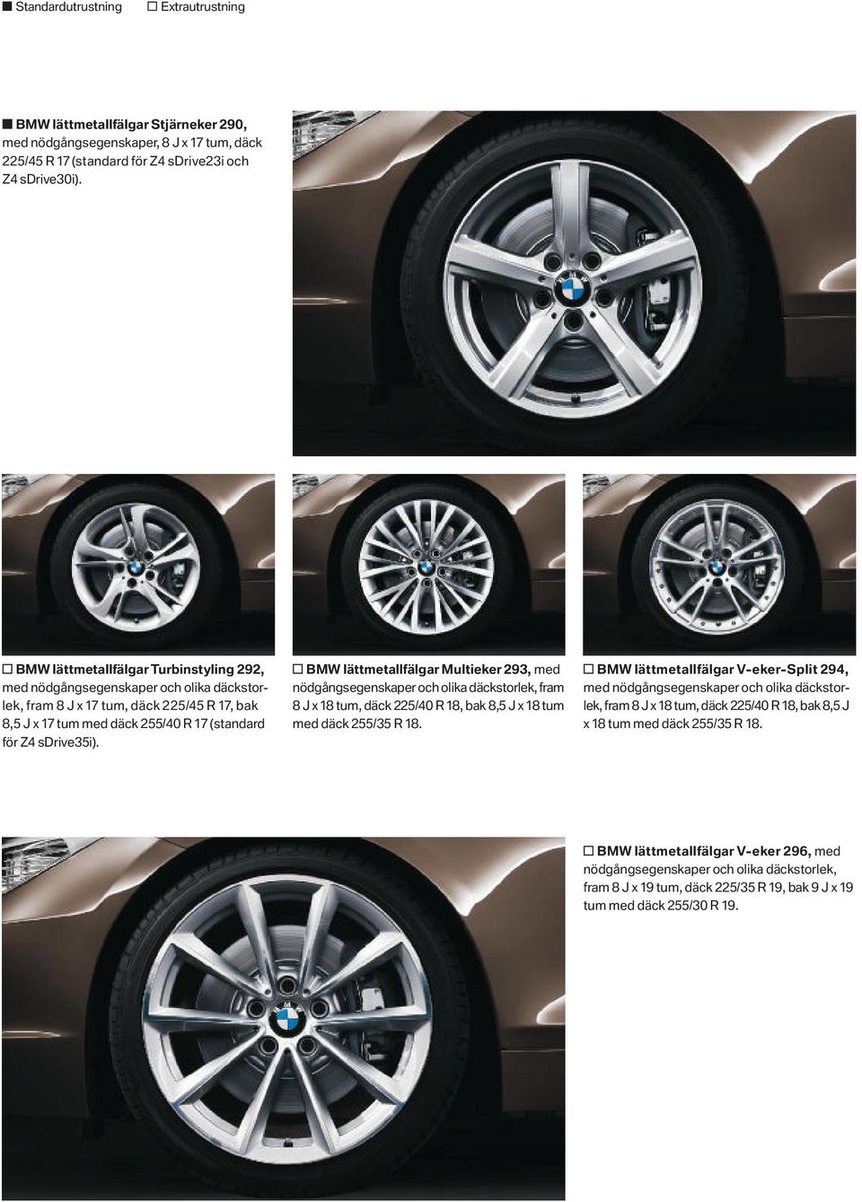 BMW lättmetallfälgar Multieker, med nödgångsegenskaper och olika däckstorlek, fram J x tum, däck / R, bak, J x tum med däck / R.