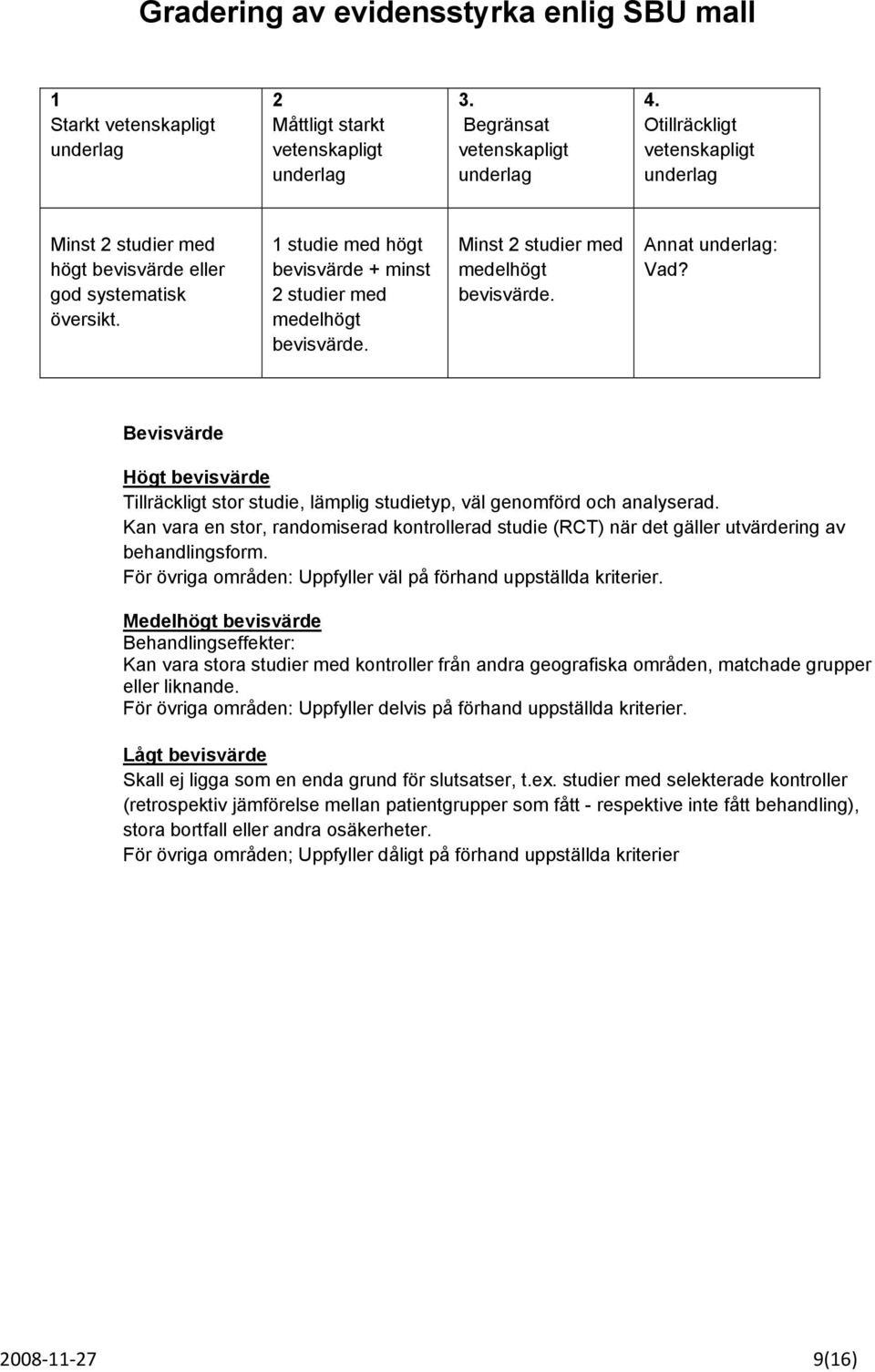 Minst 2 studier med medelhögt bevisvärde. Annat underlag: Vad? Bevisvärde Högt bevisvärde Tillräckligt stor studie, lämplig studietyp, väl genomförd och analyserad.