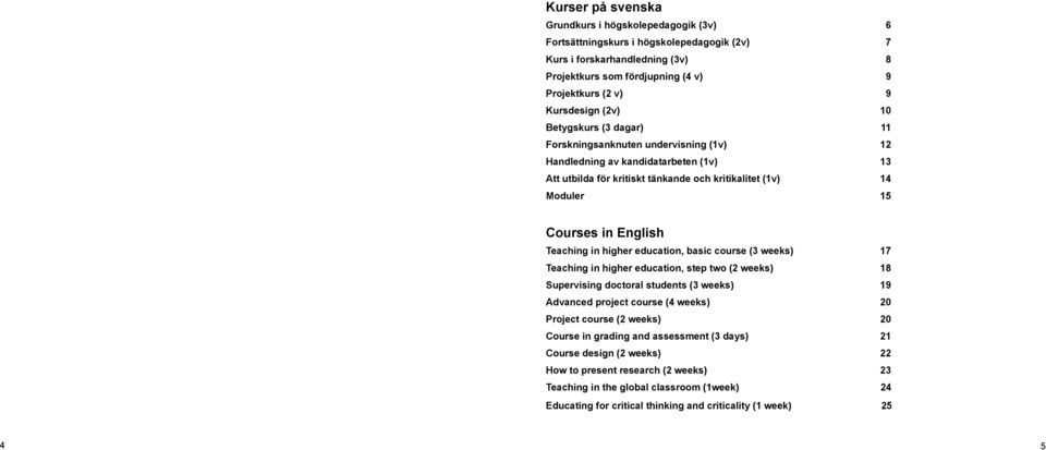 Teaching in higher education, basic course (3 weeks) 17 Teaching in higher education, step two (2 weeks) 18 Supervising doctoral students (3 weeks) 19 Advanced project course (4 weeks) 20 Project