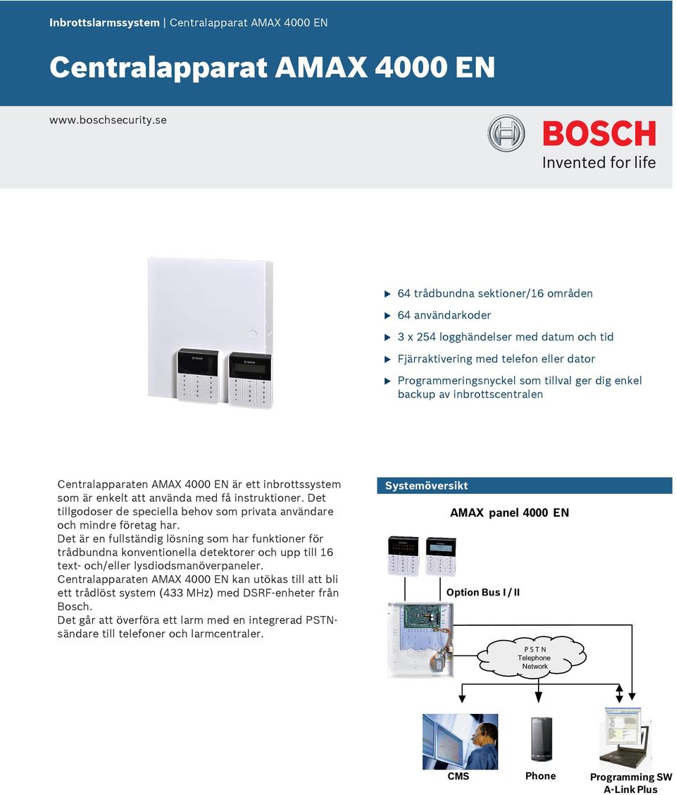 inbrottscentralen Centralapparaten AMAX 4000 EN är ett inbrottssystem som är enkelt att använda med få instrktioner. Det tillgodoser de speciella behov som privata användare och mindre företag har.
