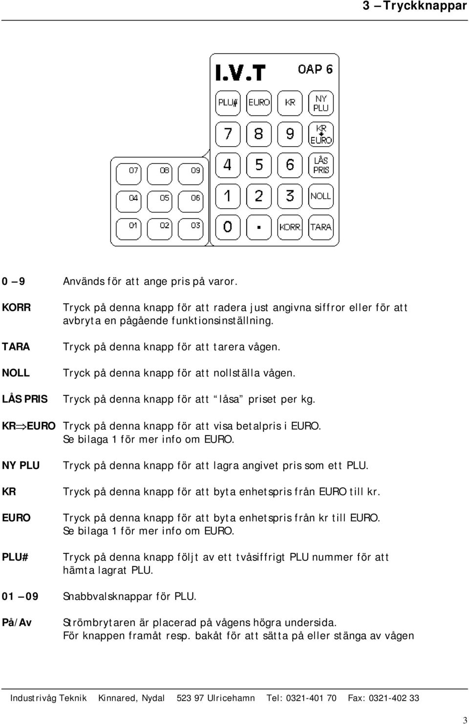 Se bilaga 1 för mer info om EURO. NY PLU KR EURO PLU# Tryck på denna knapp för att lagra angivet pris som ett PLU. Tryck på denna knapp för att byta enhetspris från EURO till kr.