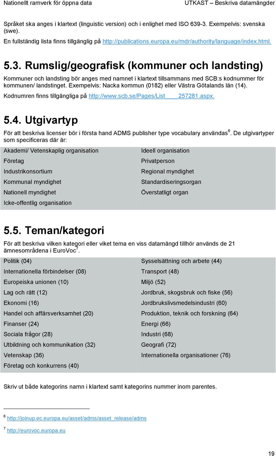 Exempelvis: Nacka kommun (0182) eller Västra Götalands län (14). Kodnumren finns tillgängliga på http://www.scb.se/pages/list 257281.aspx. 5.4. Utgivartyp För att beskriva licenser bör i första hand ADMS publisher type vocabulary användas 6.