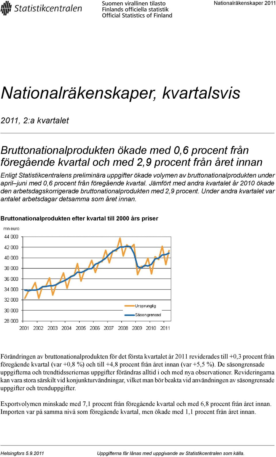 arbetsdagskorrigerade bruttonationalprodukten med 2,9 procent Under andra kvartalet var antalet arbetsdagar detsamma som året innan Bruttonationalprodukten efter kvartal till 2000 års priser