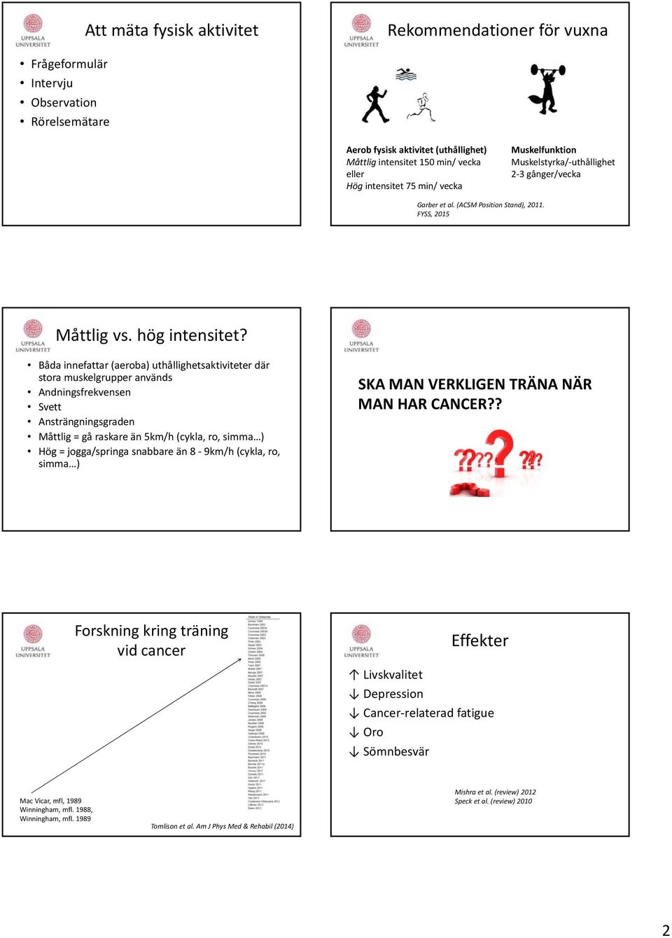 Båda innefattar (aeroba) uthållighetsaktiviteter där stora muskelgrupper används Andningsfrekvensen Svett Ansträngningsgraden Måttlig = gå raskare än 5km/h (cykla, ro, simma ) Hög = jogga/springa