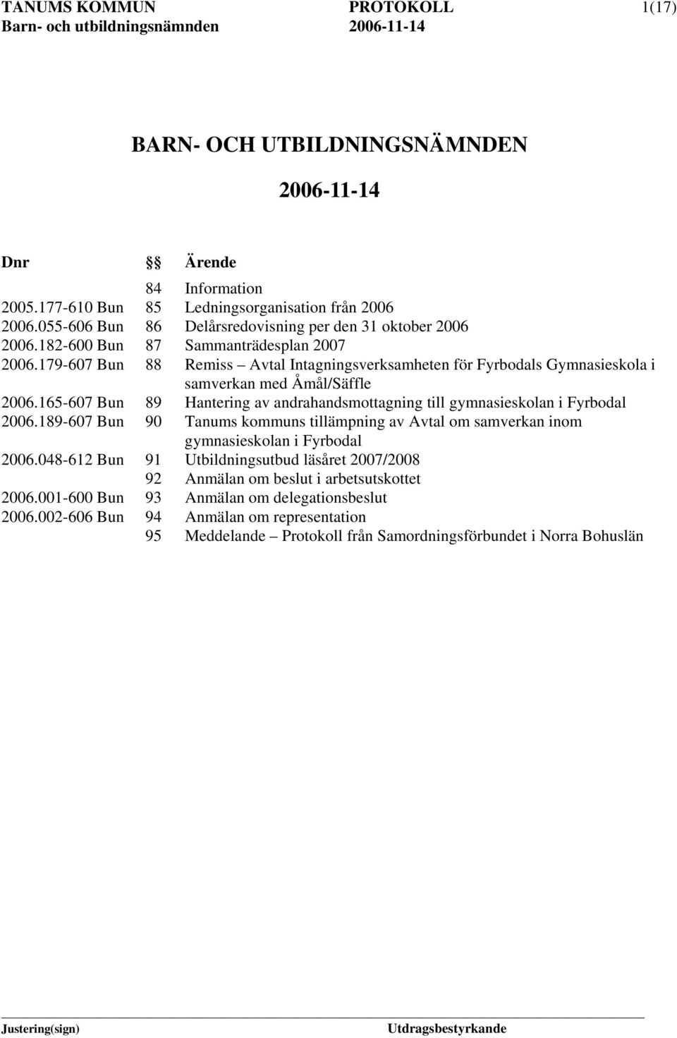 179-607 Bun 88 Remiss Avtal Intagningsverksamheten för Fyrbodals Gymnasieskola i samverkan med Åmål/Säffle 2006.165-607 Bun 89 Hantering av andrahandsmottagning till gymnasieskolan i Fyrbodal 2006.