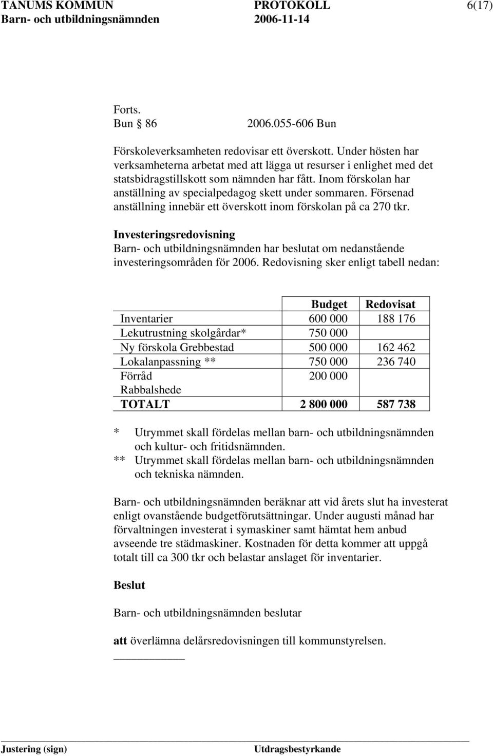 Försenad anställning innebär ett överskott inom förskolan på ca 270 tkr. Investeringsredovisning Barn- och utbildningsnämnden har beslutat om nedanstående investeringsområden för 2006.