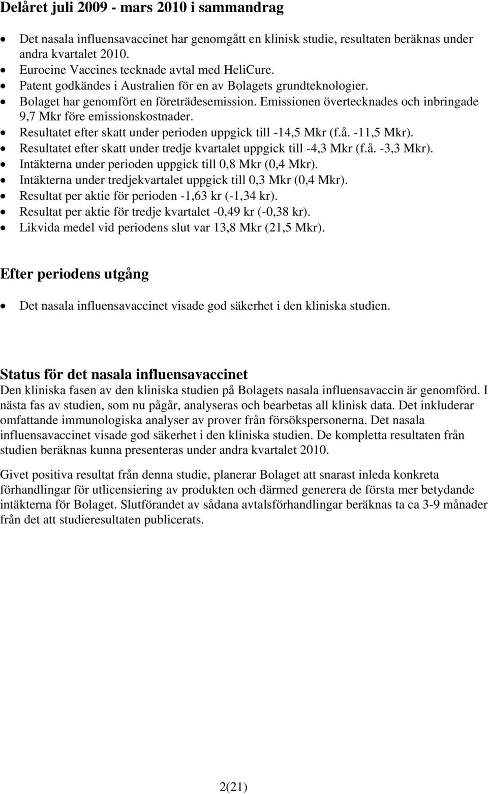 Resultatet efter skatt under perioden uppgick till -14,5 Mkr (f.å. -11,5 Mkr). Resultatet efter skatt under tredje kvartalet uppgick till -4,3 Mkr (f.å. -3,3 Mkr).