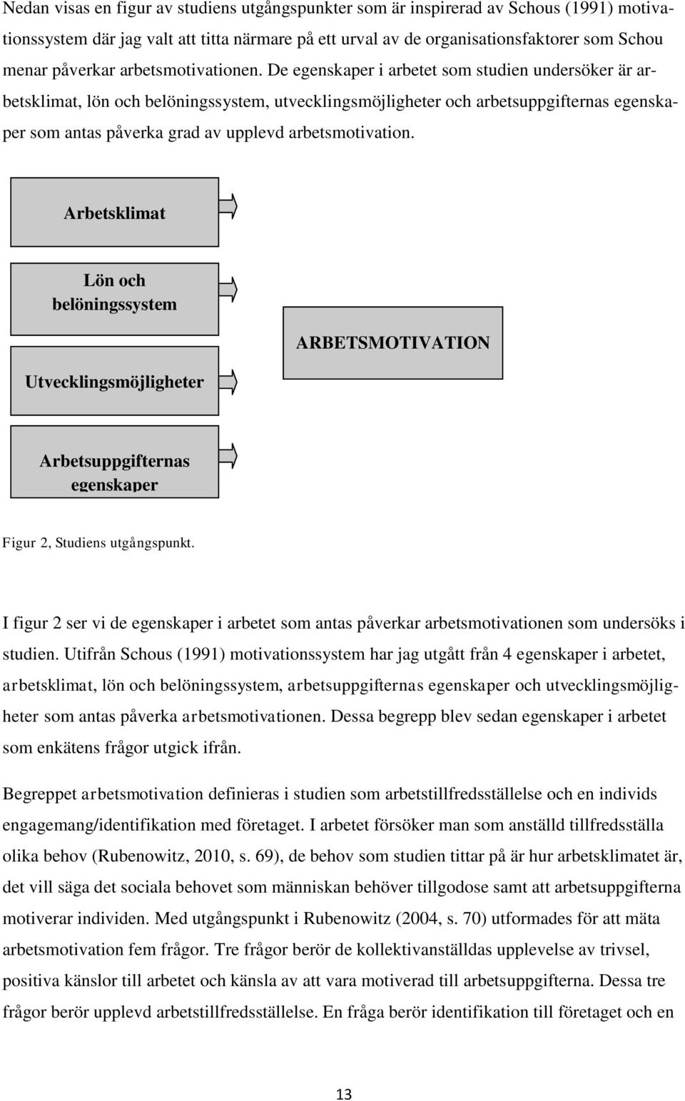 De egenskaper i arbetet som studien undersöker är arbetsklimat, lön och belöningssystem, utvecklingsmöjligheter och arbetsuppgifternas egenskaper som antas påverka grad av upplevd arbetsmotivation.