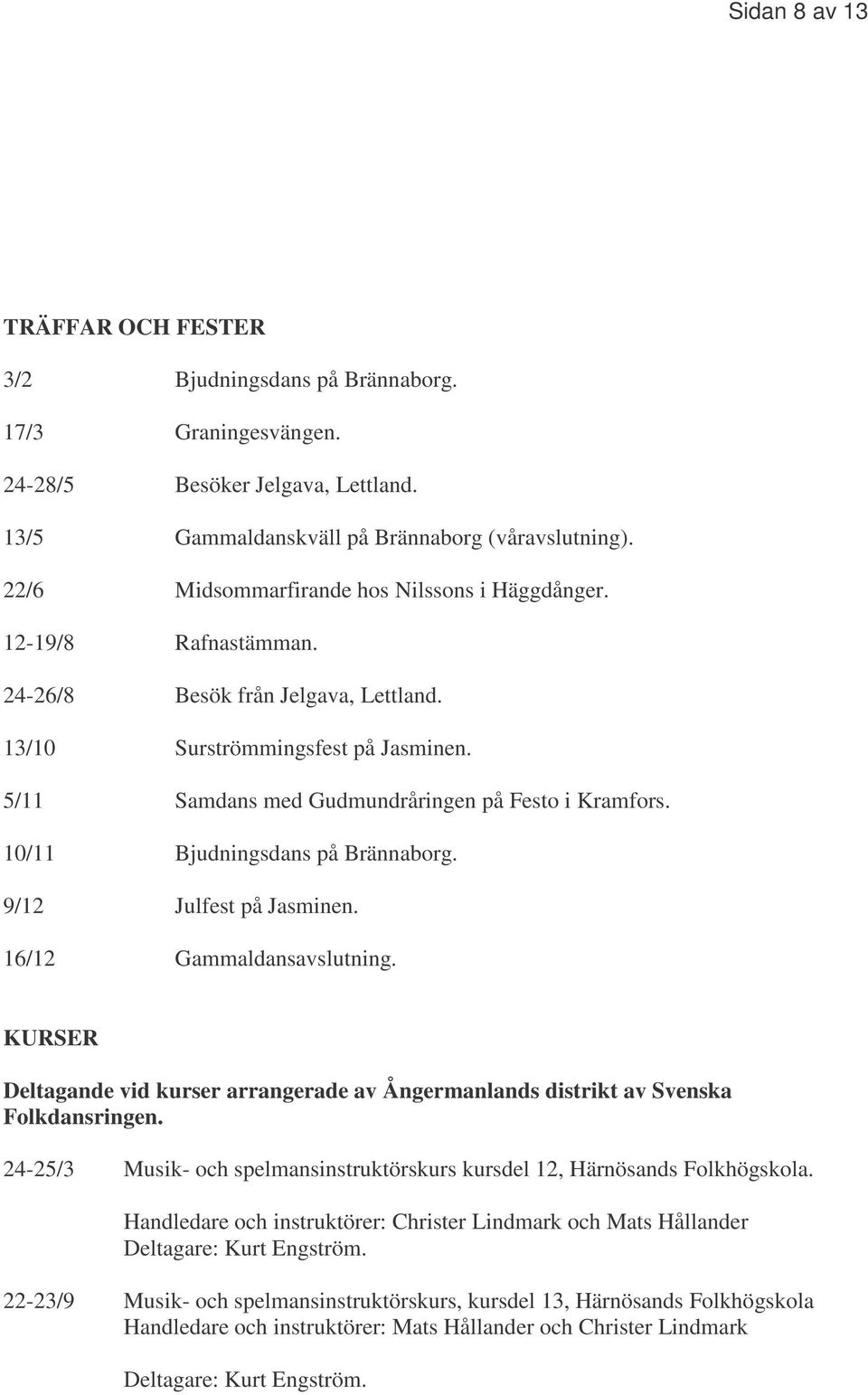 10/11 Bjudningsdans på Brännaborg. 9/12 Julfest på Jasminen. 16/12 Gammaldansavslutning. KURSER Deltagande vid kurser arrangerade av Ångermanlands distrikt av Svenska Folkdansringen.