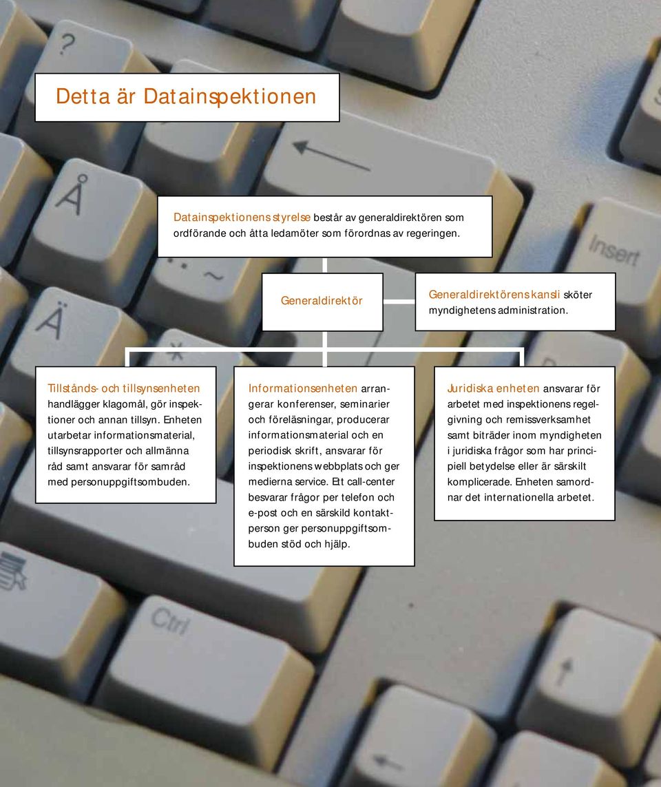 Generaldirektör Generaldirektörens kansli sköter myndighetens administration. Tillstånds- och tillsynsenheten handlägger klagomål, gör inspektioner och annan tillsyn.