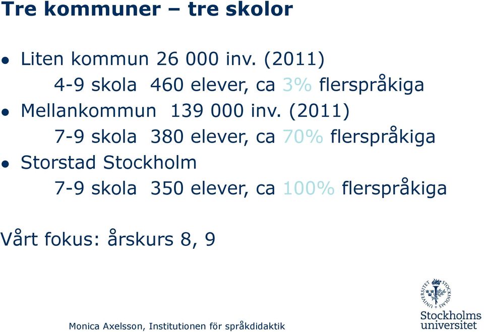 (2011) 7-9 skola 380 elever, ca 70% flerspråkiga Storstad Stockholm 7-9