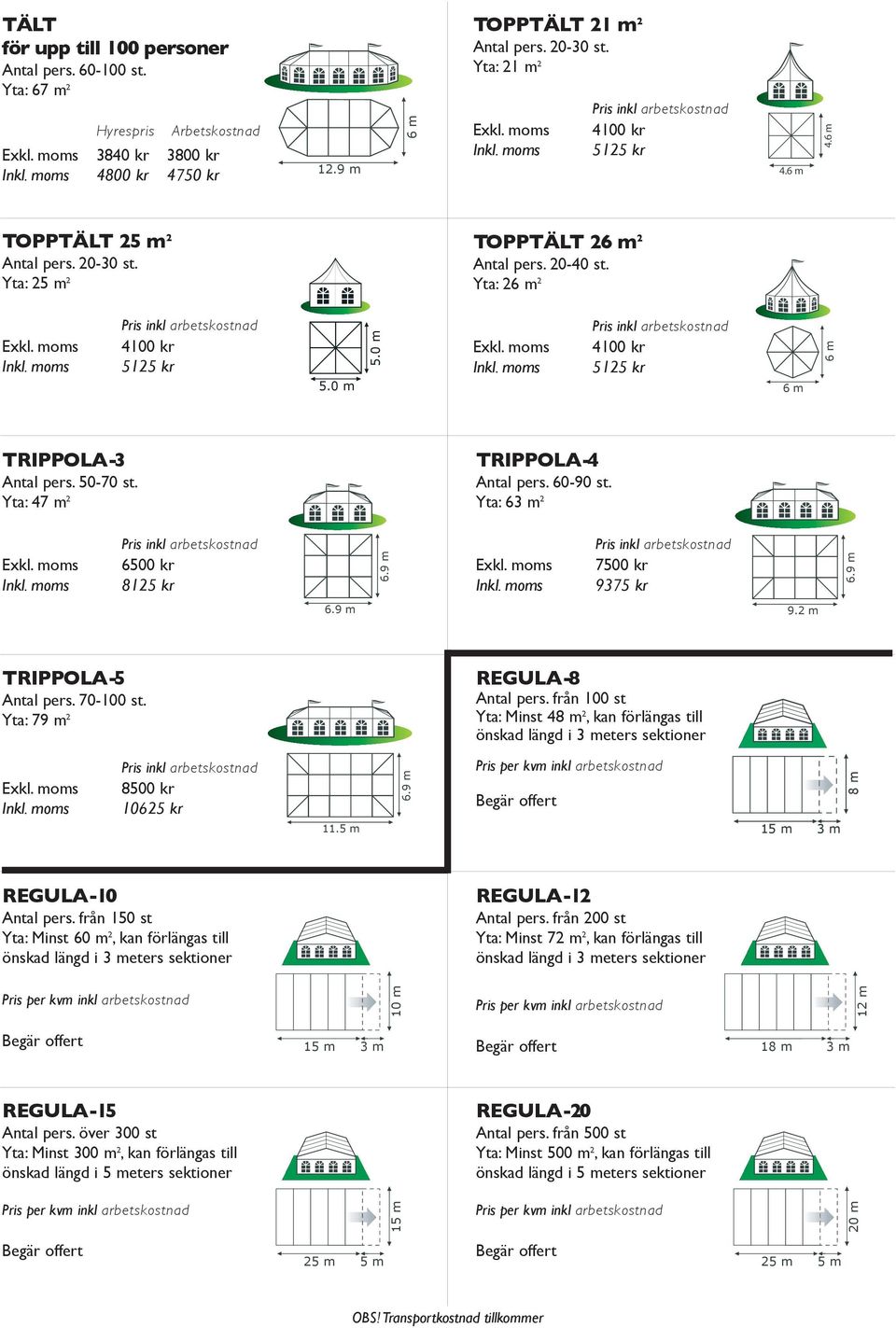 Yta: 79 m 2 REGULA-8 Antal pers. från 100 st Yta: Minst 48 m 2, kan förlängas till 8500 kr 10625 kr 11.5 m 15 m 3 m 8 m REGULA-10 Antal pers.