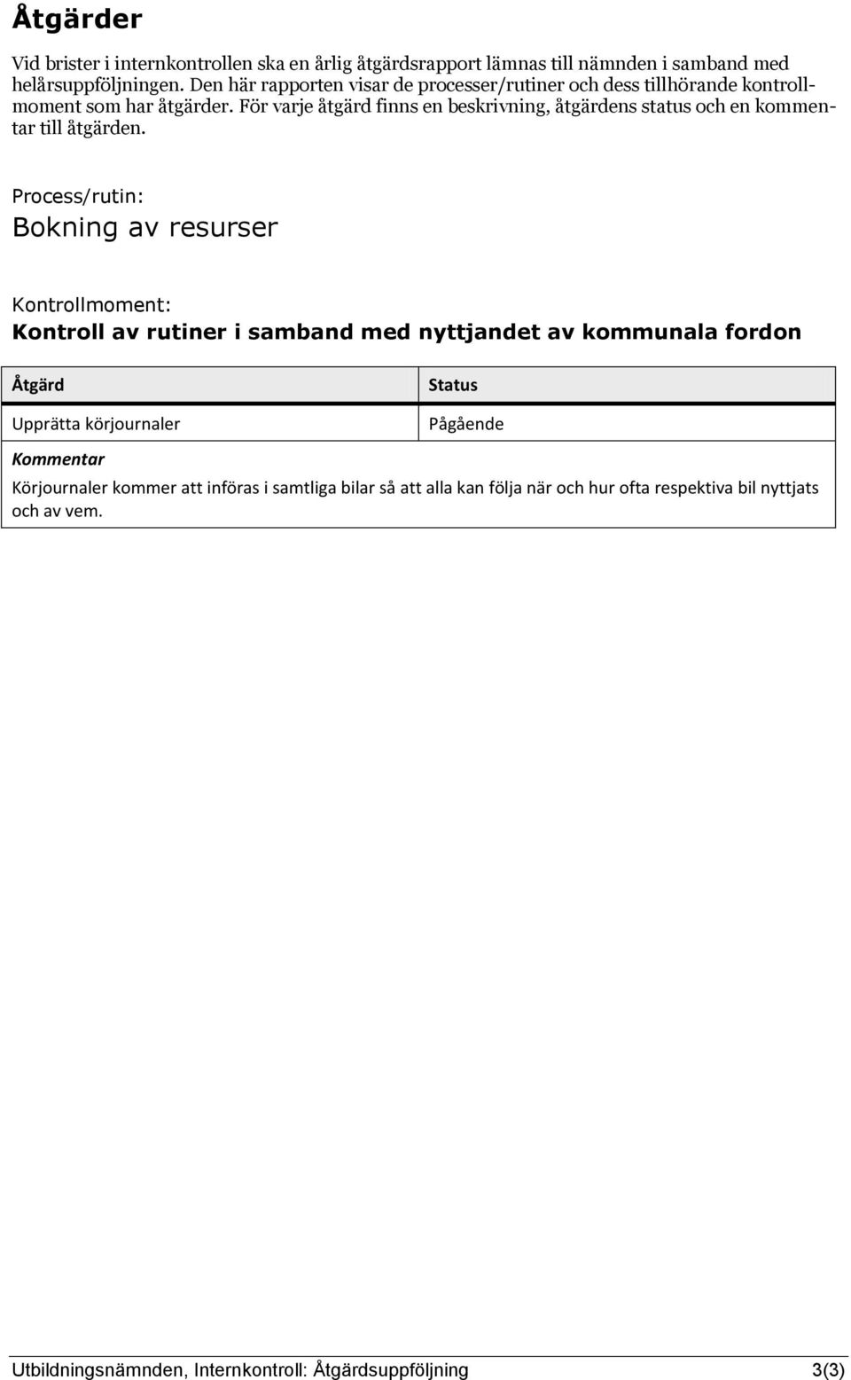 För varje åtgärd finns en beskrivning, åtgärdens status och en kommentar till åtgärden.