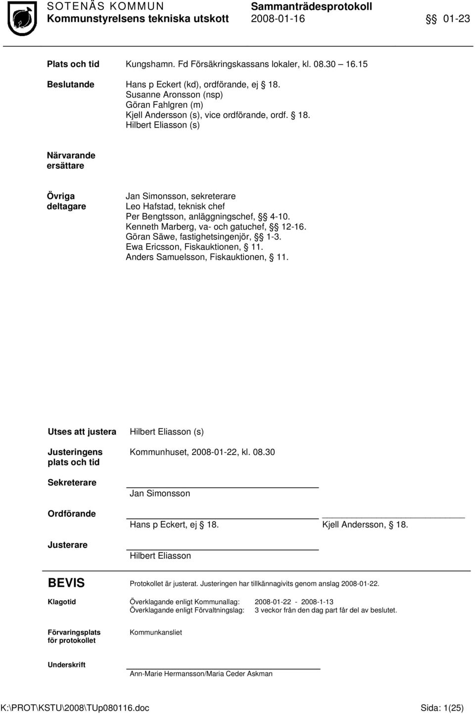 Hilbert Eliasson (s) Närvarande ersättare Övriga deltagare Jan Simonsson, sekreterare Leo Hafstad, teknisk chef Per Bengtsson, anläggningschef, 4-10. Kenneth Marberg, va- h gatuchef, 12-16.
