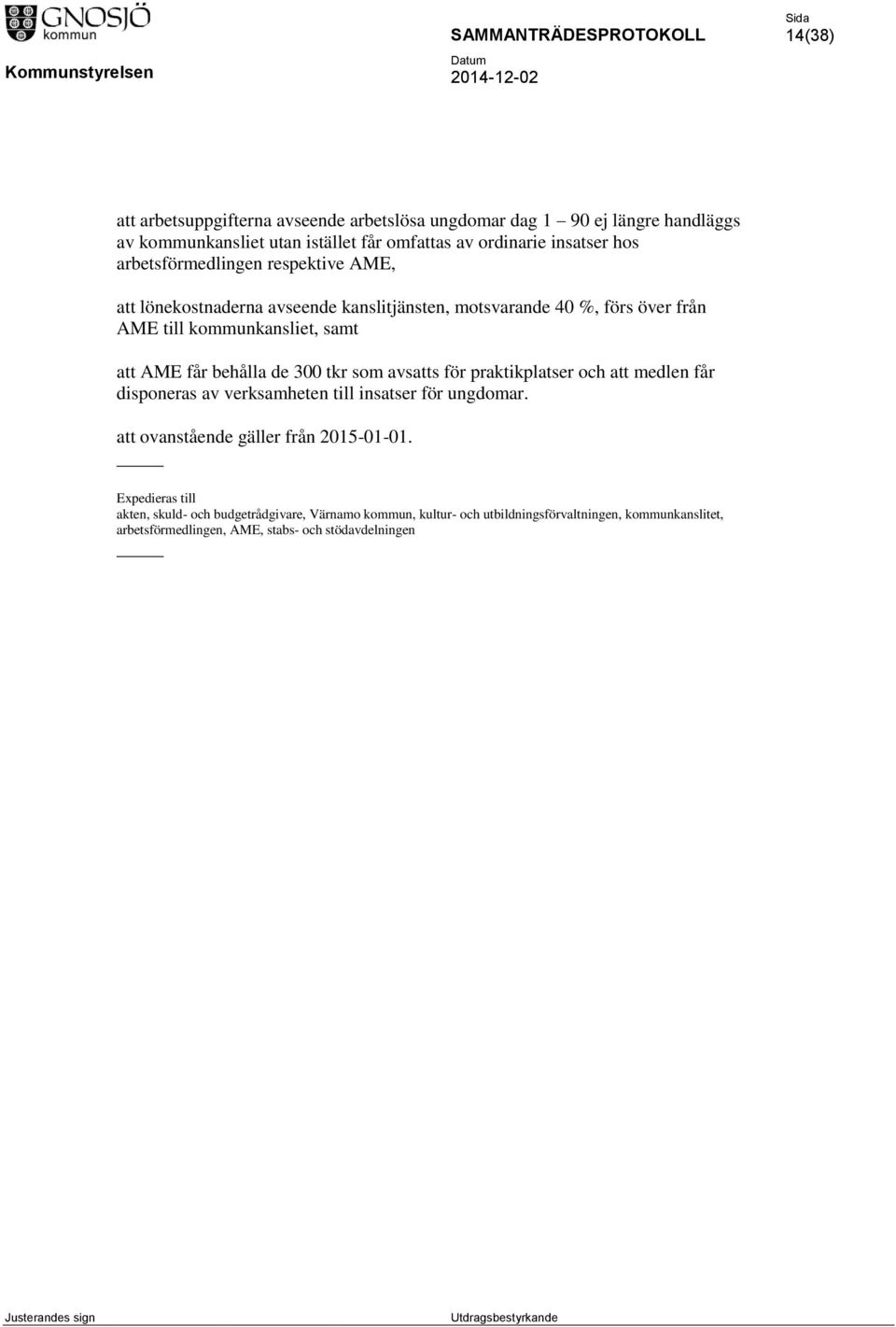de 300 tkr som avsatts för praktikplatser och att medlen får disponeras av verksamheten till insatser för ungdomar. att ovanstående gäller från 2015-01-01.
