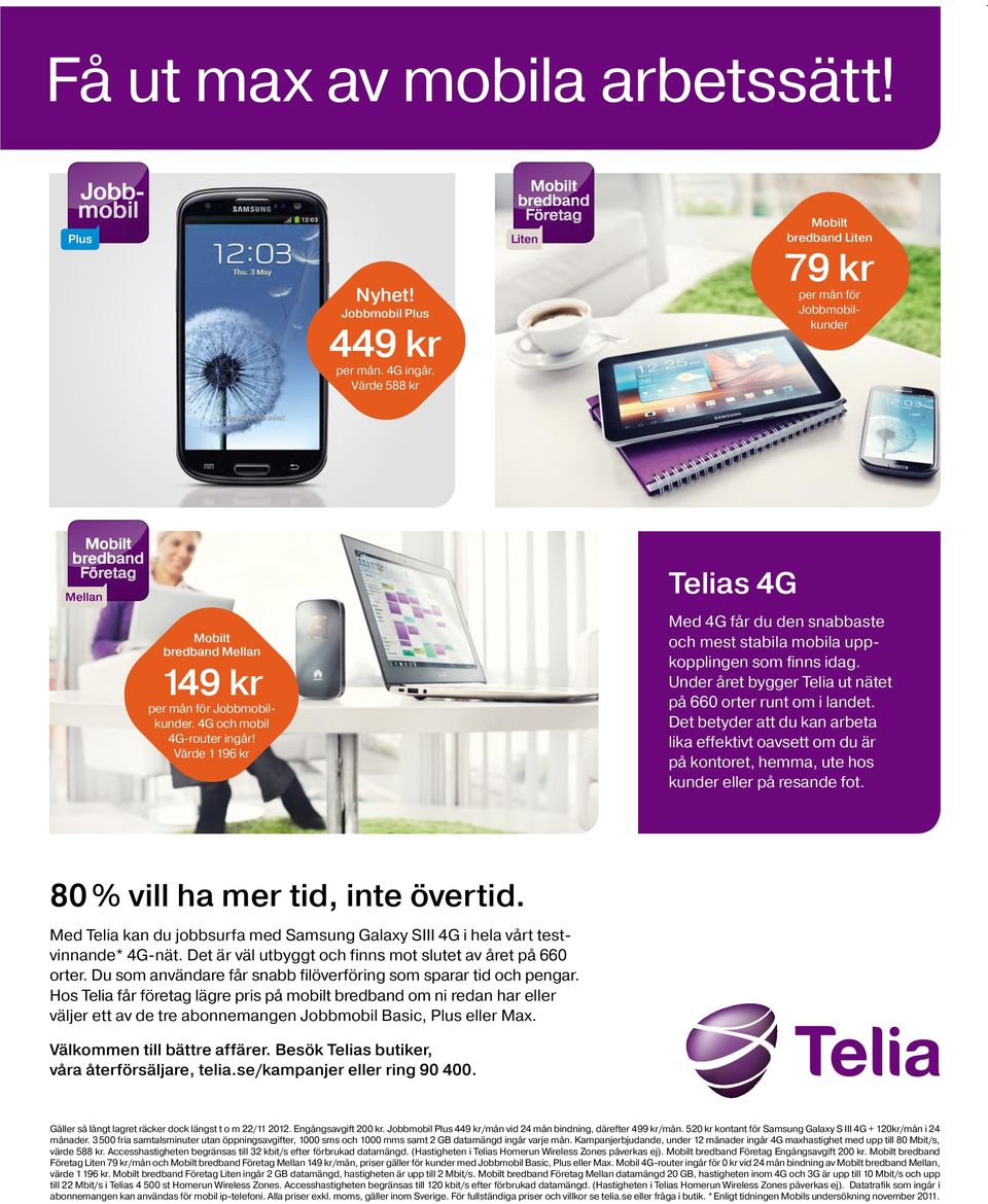 Värde 1 196 kr Telias 4G Med 4G får du den snabbaste och mest stabila mobila uppkopplingen som finns idag. Under året bygger Telia ut nätet på 660 orter runt om i landet.