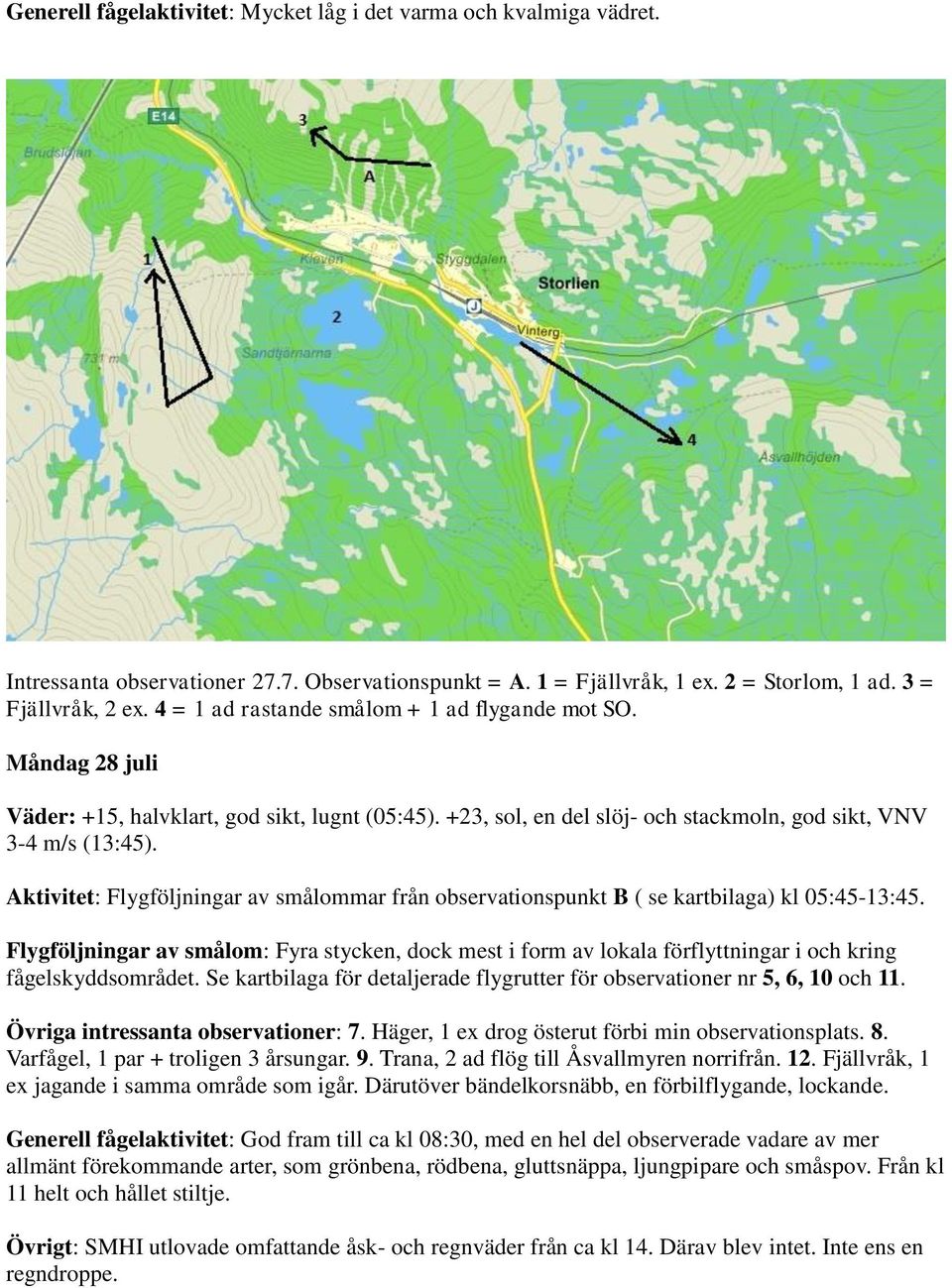 Aktivitet: Flygföljningar av smålommar från observationspunkt B ( se kartbilaga) kl 05:45-13:45.