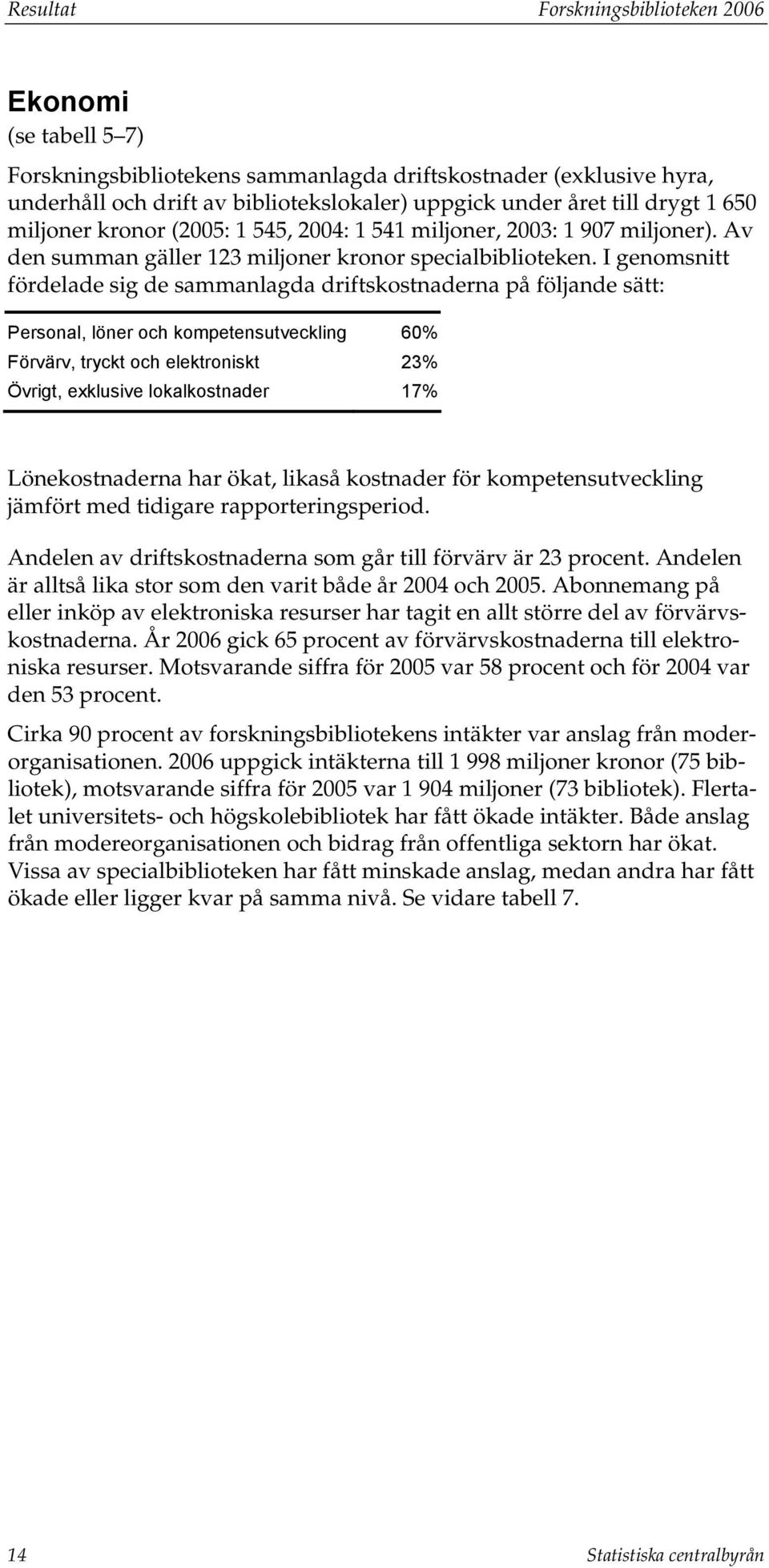 I genomsnitt fördelade sig de sammanlagda driftskostnaderna på följande sätt: Personal, löner och kompetensutveckling 60% Förvärv, tryckt och elektroniskt 23% Övrigt, exklusive lokalkostnader 17%