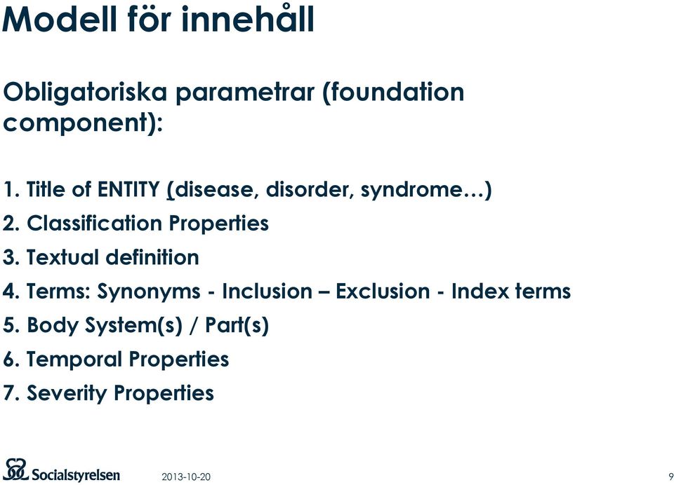 Textual definition 4. Terms: Synonyms - Inclusion Exclusion - Index terms 5.