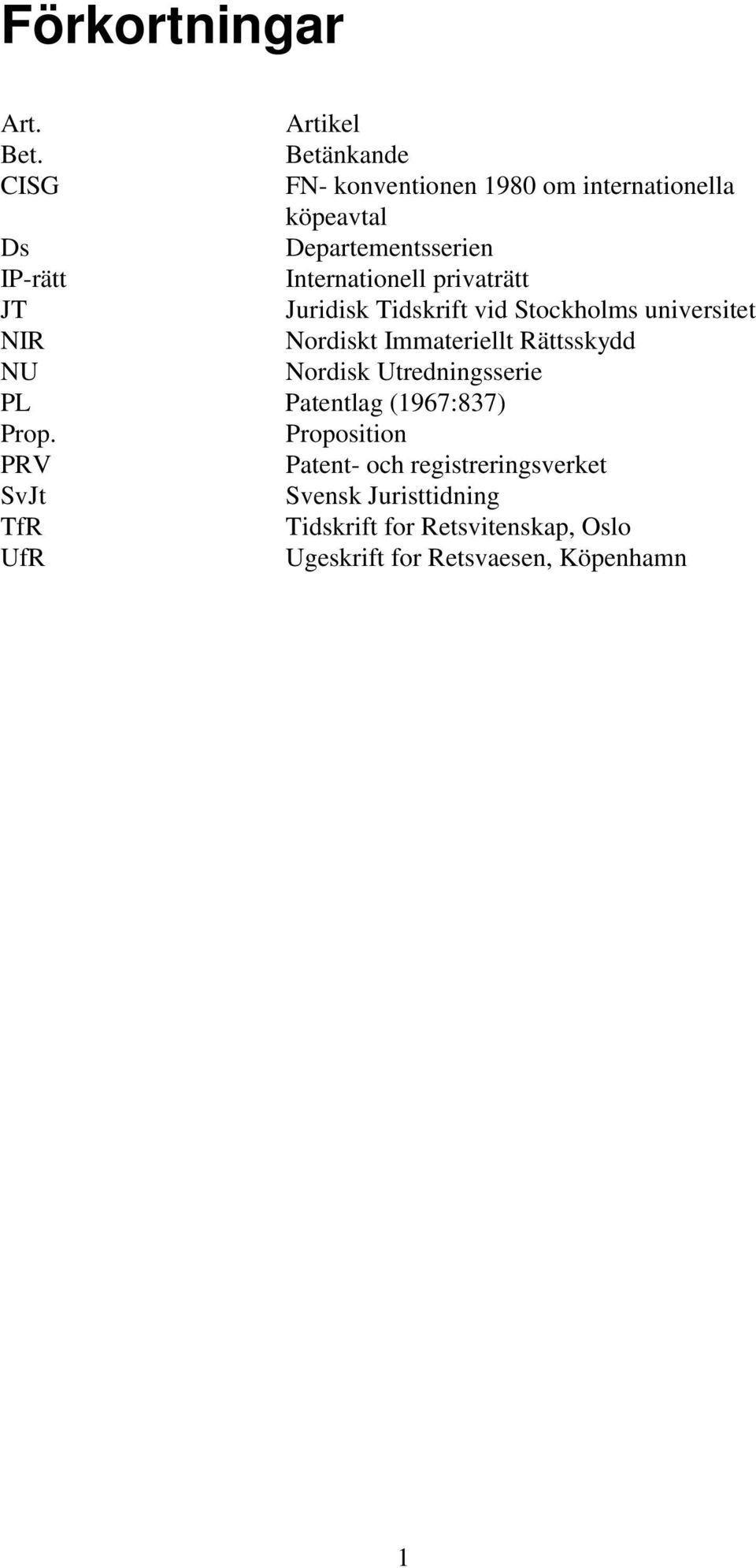 privaträtt JT Juridisk Tidskrift vid Stockholms universitet NIR Nordiskt Immateriellt Rättsskydd NU Nordisk