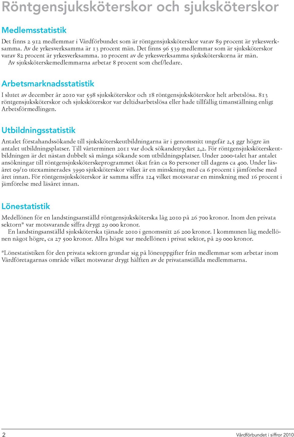 Av sjuksköterskemedlemmarna arbetar 8 procent som chef/ledare. Arbetsmarknadsstatistik I slutet av december år 2010 var 598 sjuksköterskor och 18 röntgensjuksköterskor helt arbetslösa.