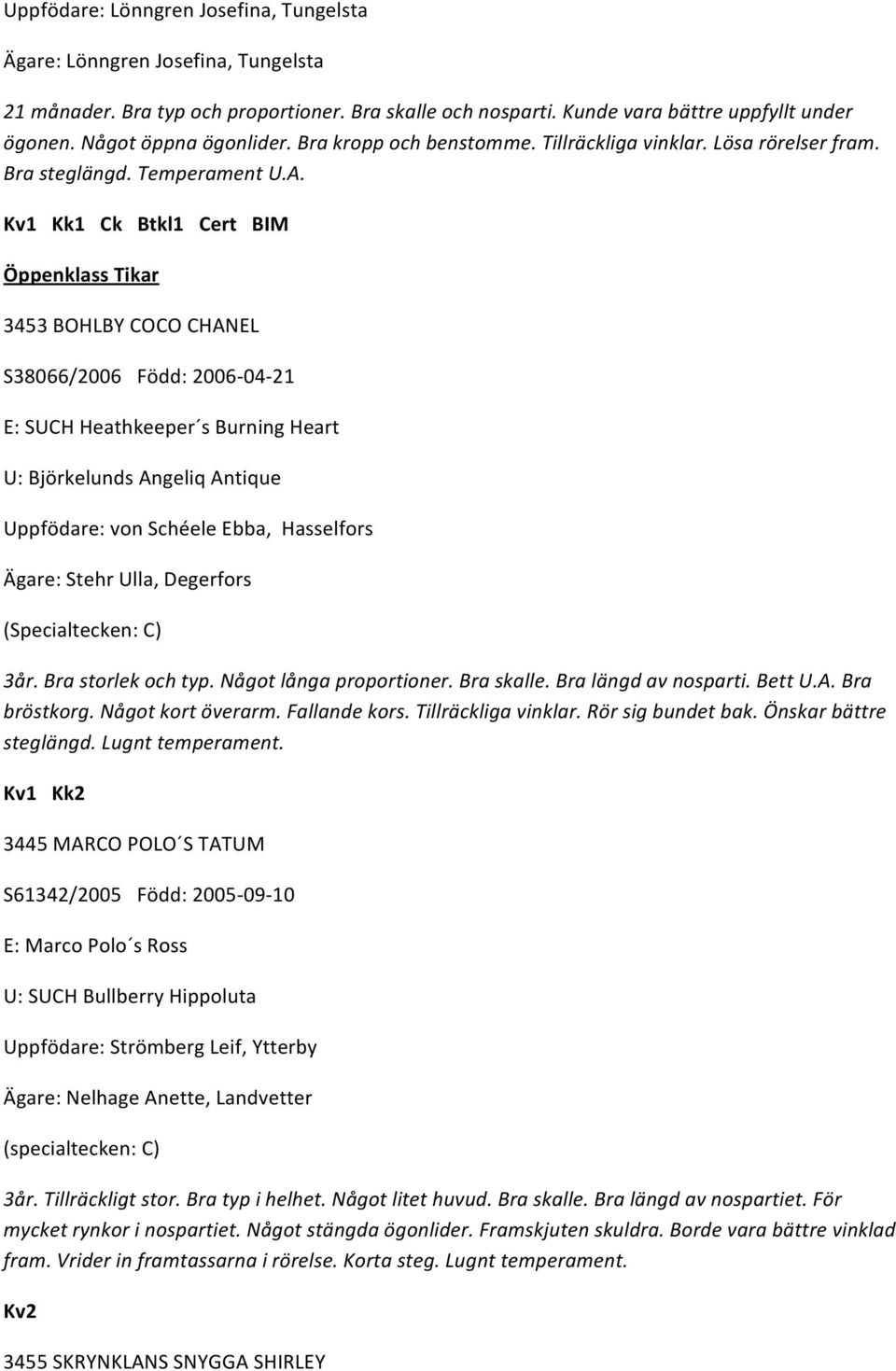 Kv1 Kk1 Ck Btkl1 Cert BIM Öppenklass Tikar 3453 BOHLBY COCO CHANEL S38066/2006 Född: 2006 04 21 E: SUCH Heathkeeper s Burning Heart U: Björkelunds Angeliq Antique Uppfödare: von Schéele Ebba,