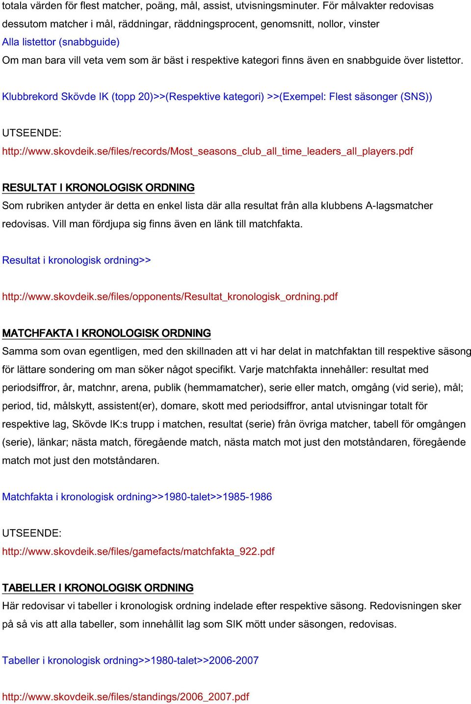 även en snabbguide över listettor. Klubbrekord Skövde IK (topp 20)>>(Respektive kategori) >>(Exempel: Flest säsonger (SNS)) http://www.skovdeik.