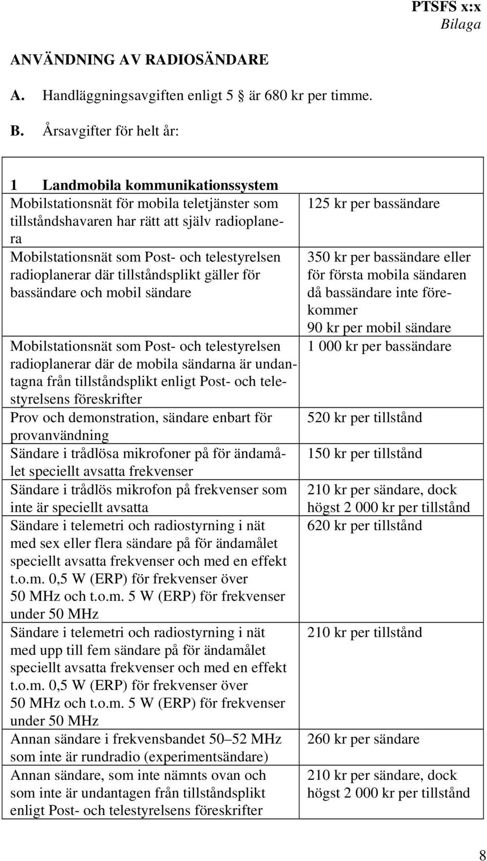 Årsavgifter för helt år: 1 Landmobila kommunikationssystem Mobilstationsnät för mobila teletjänster som tillståndshavaren har rätt att själv radioplanera Mobilstationsnät som Post- och telestyrelsen