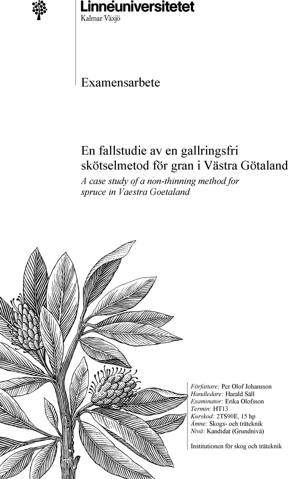 Johansson Handledare: Harald Säll Examinator: Erika Olofsson Termin: HT13 Kurskod: 2TS90E,
