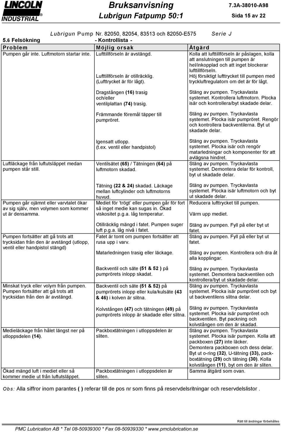 Kolla att lufttillförseln är påslagen, kolla att anslutningen till pumpen är hel/inkopplad och att inget blockerar lufttillförseln.