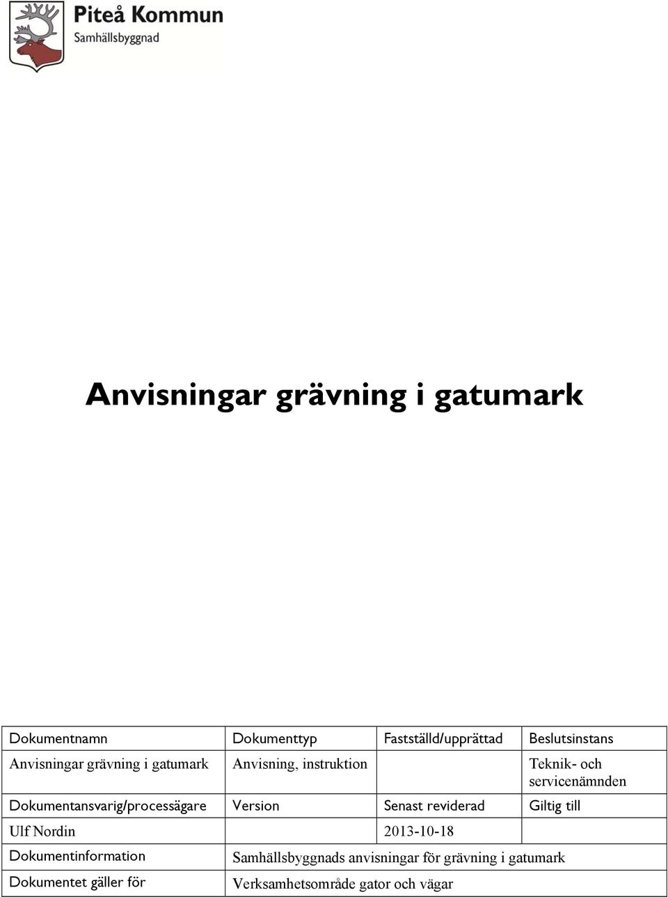 Dokumentansvarig/processägare Version Senast reviderad Giltig till Ulf Nordin 2013-10-18