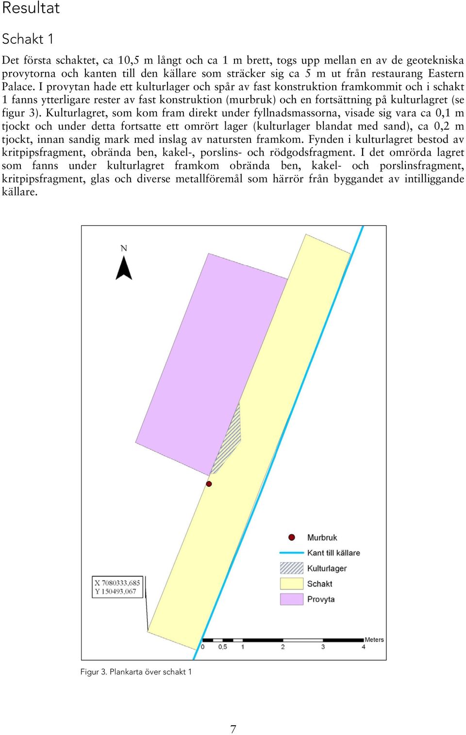 I provytan hade ett kulturlager och spår av fast konstruktion framkommit och i schakt 1 fanns ytterligare rester av fast konstruktion (murbruk) och en fortsättning på kulturlagret (se figur 3).