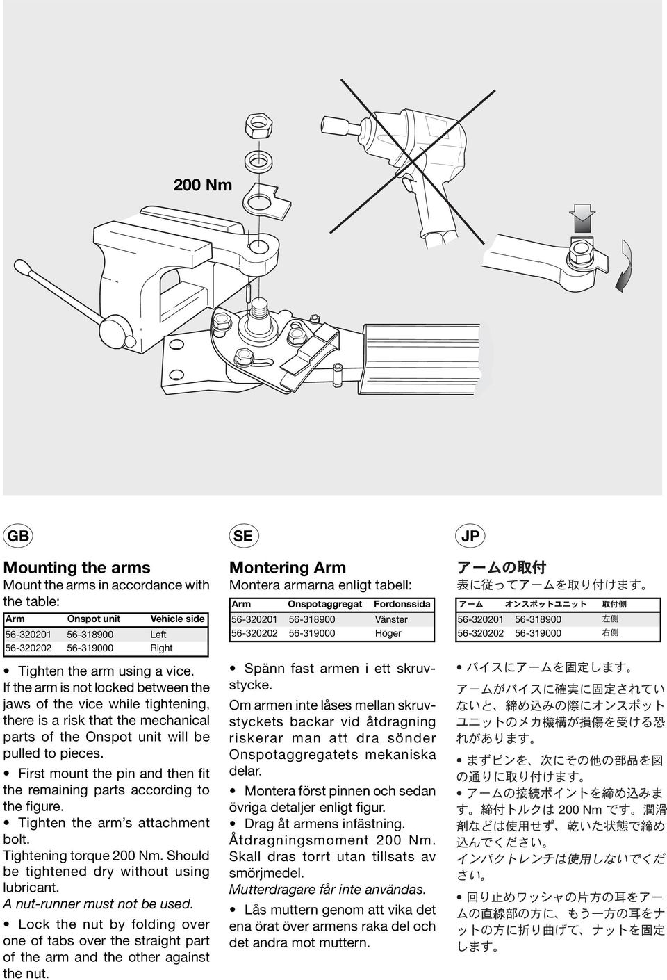 First mount the pin and then fit the remaining parts according to the figure. Tighten the arm s attachment bolt. Tightening torque 200 Nm. Should be tightened dry without using lubricant.
