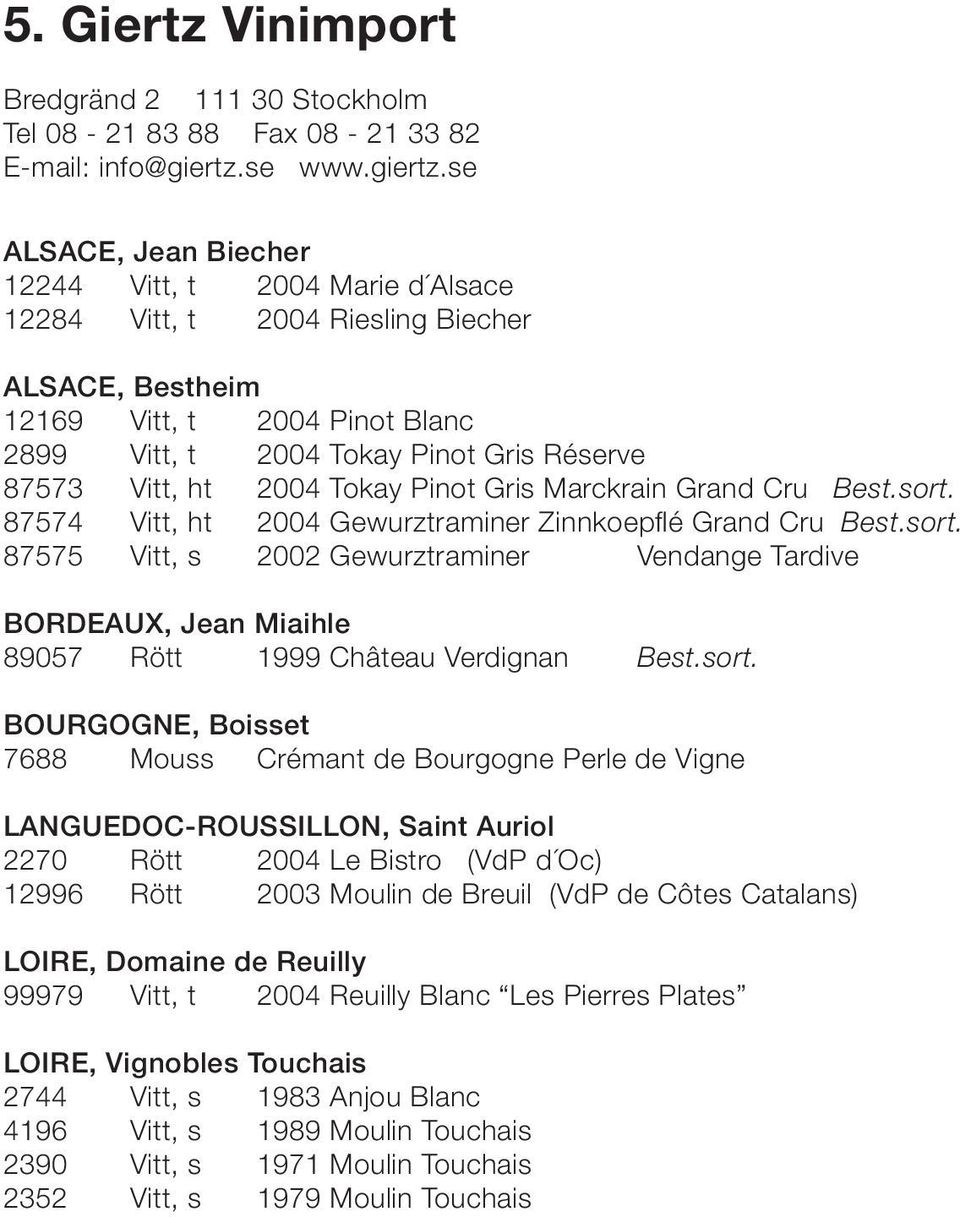 se ALSACE, Jean Biecher 12244 Vitt, t 2004 Marie d Alsace 12284 Vitt, t 2004 Riesling Biecher ALSACE, Bestheim 12169 Vitt, t 2004 Pinot Blanc 2899 Vitt, t 2004 Tokay Pinot Gris Réserve 87573 Vitt, ht