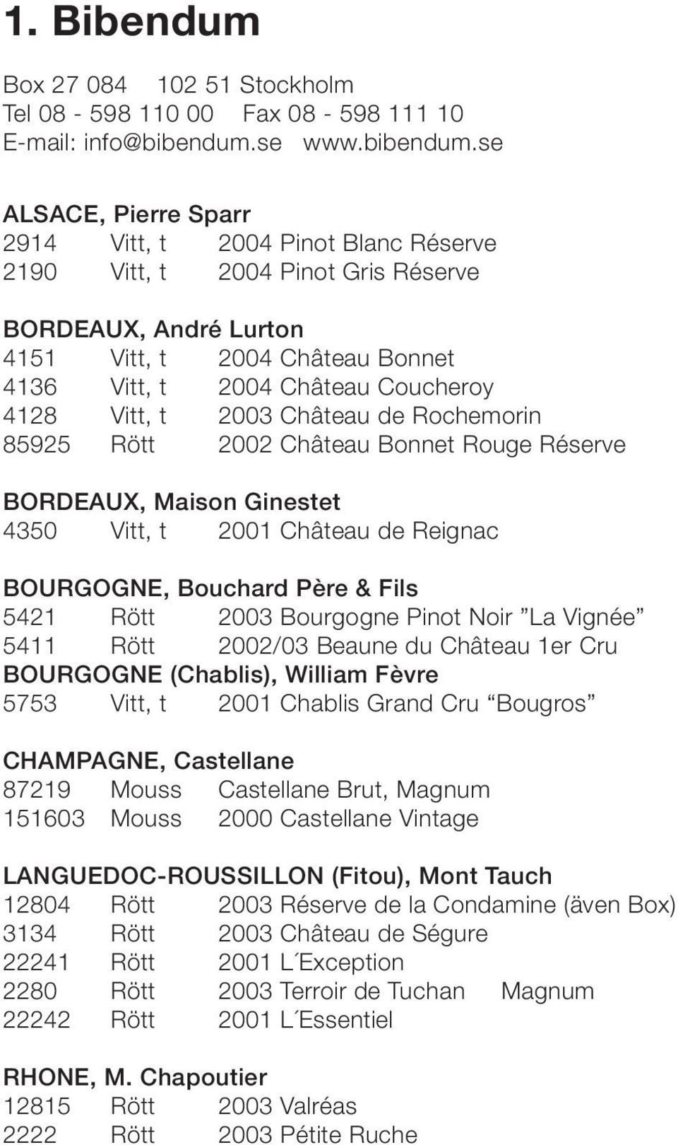 se ALSACE, Pierre Sparr 2914 Vitt, t 2004 Pinot Blanc Réserve 2190 Vitt, t 2004 Pinot Gris Réserve BORDEAUX, André Lurton 4151 Vitt, t 2004 Château Bonnet 4136 Vitt, t 2004 Château Coucheroy 4128