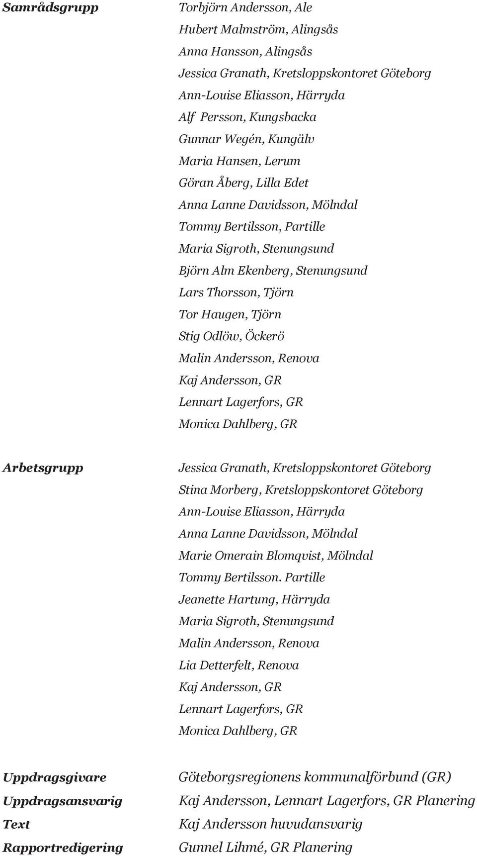 Haugen, Tjörn Stig Odlöw, Öckerö Malin Andersson, Renova Kaj Andersson, GR Lennart Lagerfors, GR Monica Dahlberg, GR Arbetsgrupp Jessica Granath, Kretsloppskontoret Göteborg Stina Morberg,