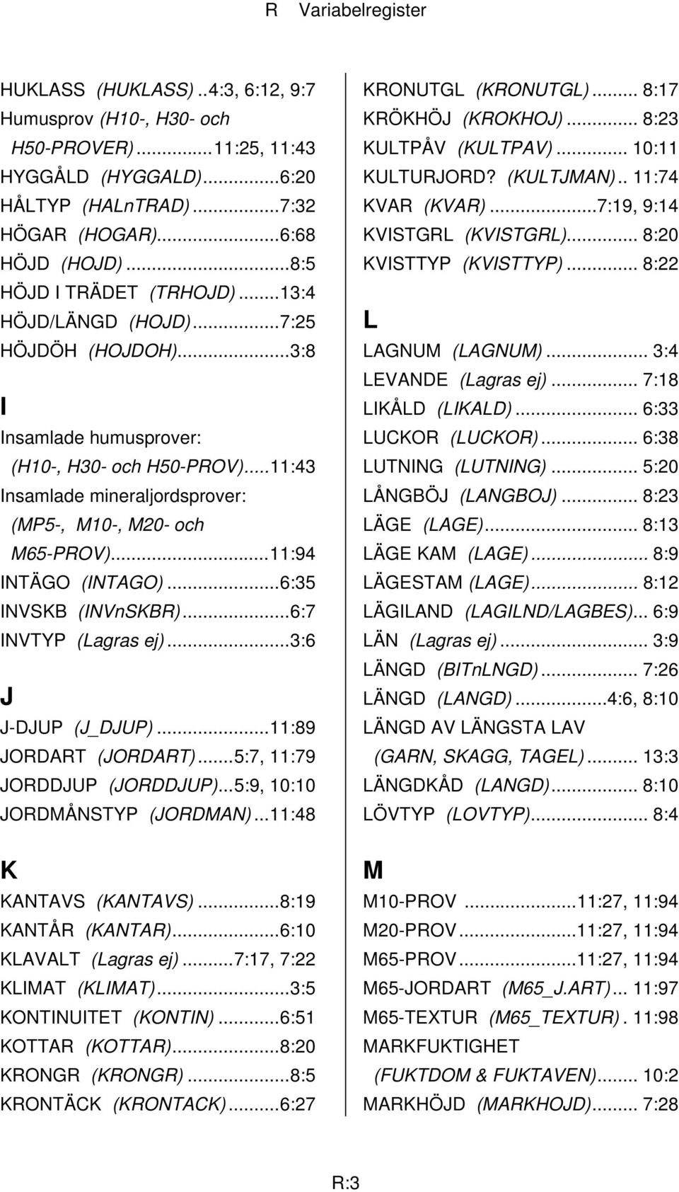 ..11:43 Insamlade mineraljordsprover: (MP5-, M10-, M20- och M65-PROV)...11:94 INTÄGO (INTAGO)...6:35 INVSKB (INVnSKBR)...6:7 INVTYP (Lagras ej)...3:6 J J-DJUP (J_DJUP)...11:89 JORDART (JORDART).